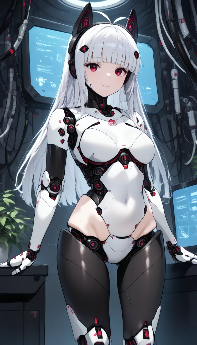 masterpiece, best quality, extremely detailed, (8K, 4K, Best Quality, hight resolution, 超A high resolution:1.1), ,8k portrait, Japaese android Girl,Plump , dark black leg cover,announcer,control panels,android,Droid,Mechanical Hand, Robot arms and legs, Black Robot Parts,Black long hair,Mechanical body,Blunt bangs,perfect mechanical abdomen,White robotics parts,perfect robot woman,future laboratory,cyber pank,charging spot,laboratory,long tube,thick cable connected her neck,white ceramic body ,perfect mechanical body, white robot body,lod antenna,mechanical ear cover,android,robot humanoid,black sponge joints,The removable cover is in the groin,The connection port is in the groin,opened chest panel,access panel on the chest,opened breast panel,perfect mechanical breast,perfect black machine body,perfect black android body,She has repaired,assembly plant,dark black tights,dark black leggings,smile