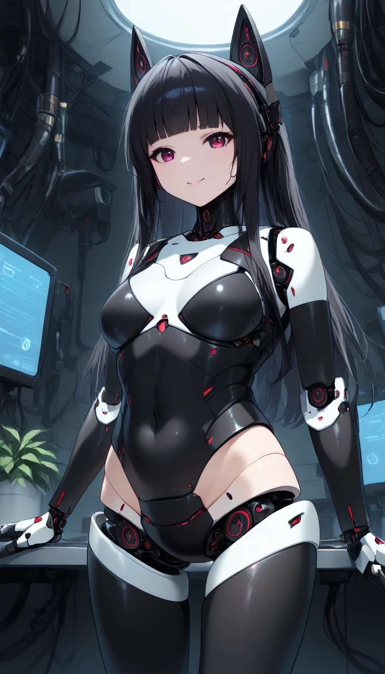 masterpiece, best quality, extremely detailed, (8K, 4K, Best Quality, hight resolution, 超A high resolution:1.1), ,8k portrait, Japaese android Girl,Plump , dark black leg cover,announcer,control panels,android,Droid,Mechanical Hand, Robot arms and legs, Black Robot Parts,Black long hair,Mechanical body,Blunt bangs,perfect mechanical abdomen,White robotics parts,perfect robot woman,future laboratory,cyber pank,charging spot,laboratory,long tube,thick cable connected her neck,white ceramic body ,perfect mechanical body, white robot body,lod antenna,mechanical ear cover,android,robot humanoid,black sponge joints,The removable cover is in the groin,The connection port is in the groin,opened chest panel,access panel on the chest,opened breast panel,perfect mechanical breast,perfect black machine body,perfect black android body,She has repaired,assembly plant,dark black tights,dark black leggings,smile