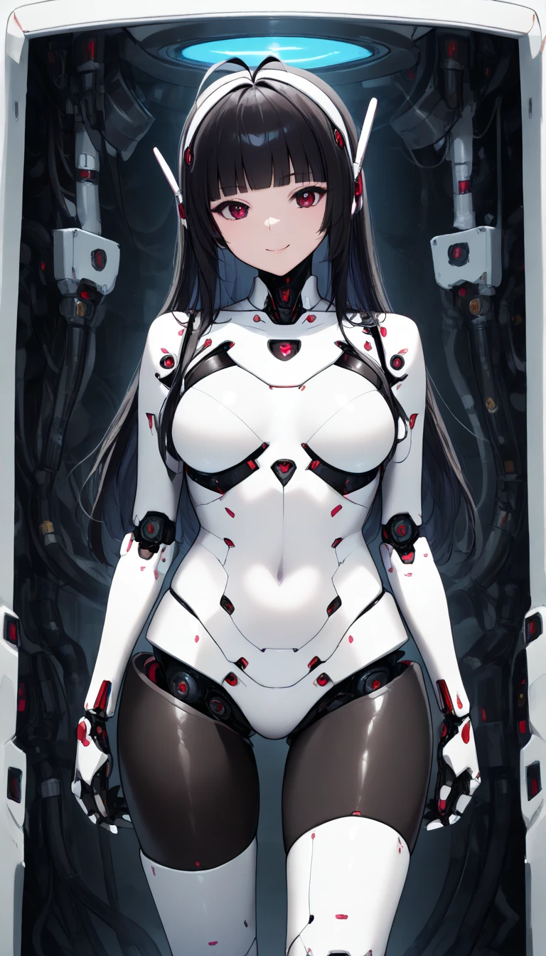 masterpiece, best quality, extremely detailed, (8K, 4K, Best Quality, hight resolution, 超A high resolution:1.1), ,8k portrait, Japaese android Girl,Plump , dark black leg cover,announcer,control panels,android,Droid,Mechanical Hand, Robot arms and legs, Black Robot Parts,Black long hair,Mechanical body,Blunt bangs,perfect mechanical abdomen,White robotics parts,perfect robot woman,future laboratory,cyber pank,charging spot,laboratory,long tube,thick cable connected her neck,white ceramic body ,perfect mechanical body, white robot body,lod antenna,mechanical ear cover,android,robot humanoid,black sponge joints,The removable cover is in the groin,The connection port is in the groin,opened chest panel,access panel on the chest,opened breast panel,perfect mechanical breast,perfect black machine body,perfect black android body,She has repaired,assembly plant,dark black tights,dark black leggings,smile