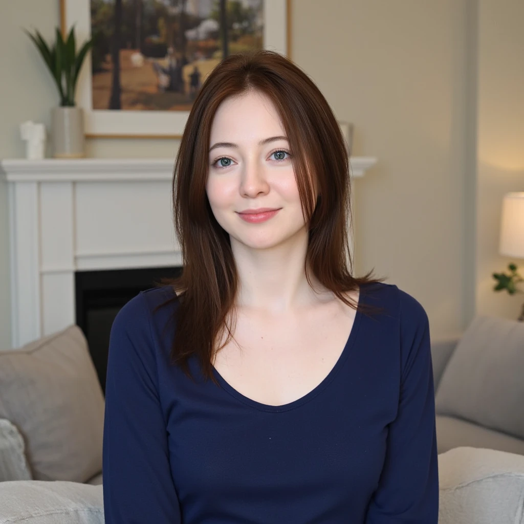 RAW photo of m0n4el1s4 woman, blue eyes, wearing a simple navy dress,, in a living room, detailed face, natural lighting, highly detailed, absurdres, smile happy
