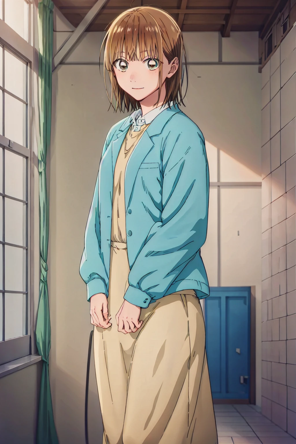  source_Anime, 周辺光,, 1 tall girl ,
 One girl  ,,  medium hair,  Beige Hair, , bangs,  brown eyes,, Badass ),  perfect eyes ,  perfect face,  Expressive Eyes ,  Charming Women  ,  One girl , Alone, Brown Hair,  blue eyes,  medium hair, smile,  Watch viewers, , indoor, bangs,    Closed Mouth ,  window, , ,  cowboy shot,  Medium Breasted  、school uniform