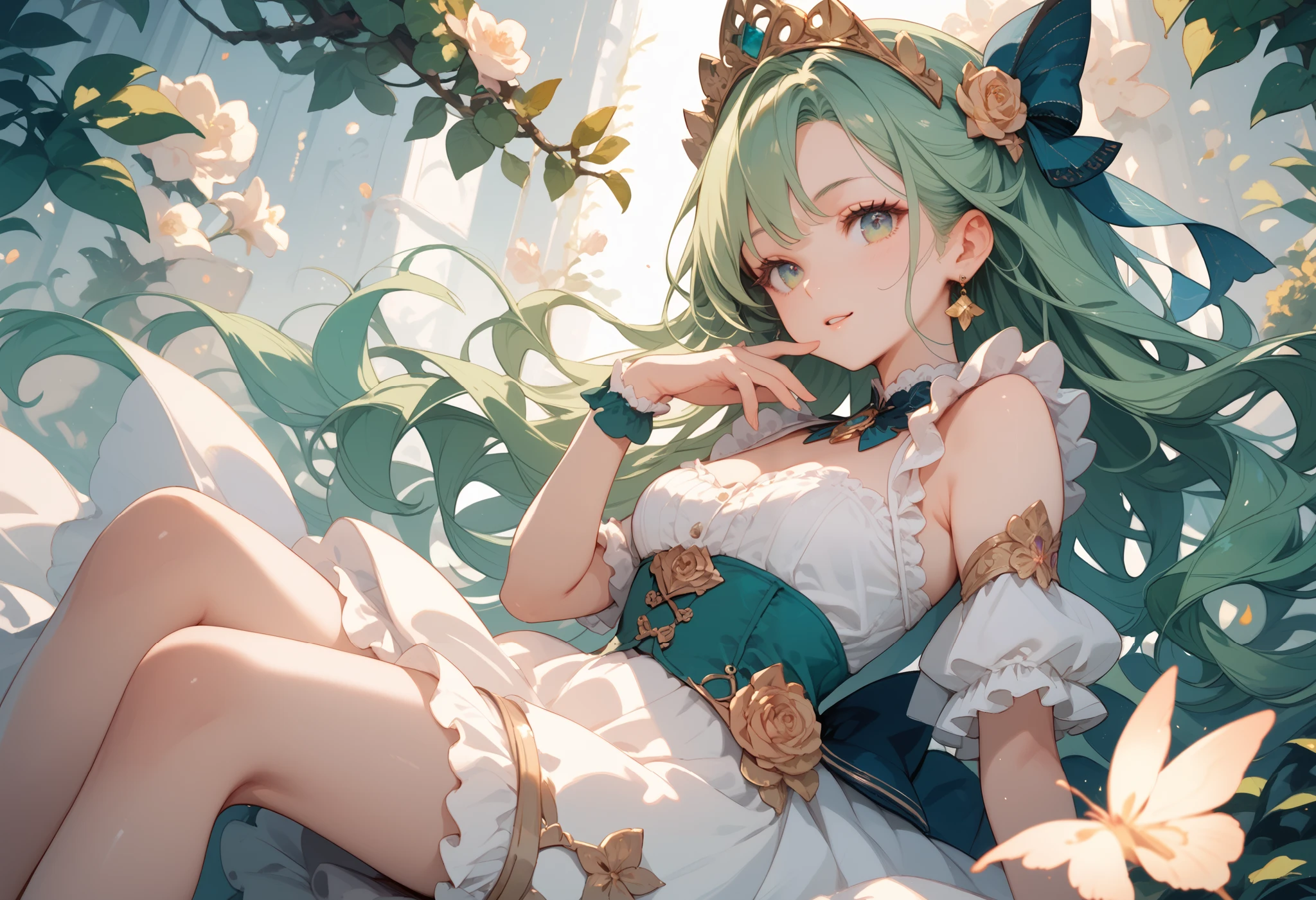 a sexy and cute anime girl with style dresses, green hair