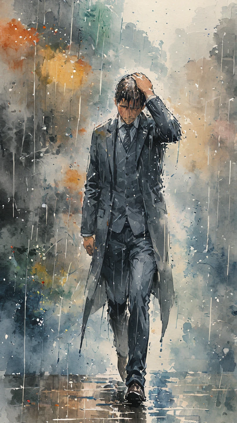 watercolor painting of a man in suit in the rain. full body shot of the man who is soaked under the rain. he tilts his head up to face the rain, the rainwater flows down his face. he is walking in the street, holding his hands out to feel the rain. watercolor brushes stroke painting style. the sky is dark.