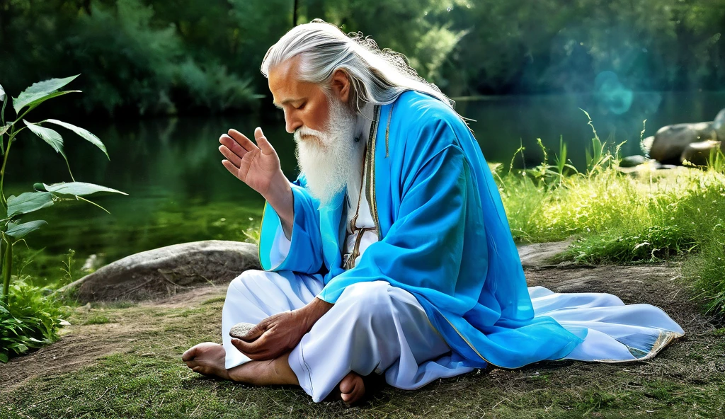 An old sage with long white hair and a beard sits in a peaceful setting in nature, his posture humble and serene as he prays in deep communion with the divine. He is dressed in the old baggy suit of a sage. Surrounding him is a bright blue aura, and with him is the holy spirit in the form of a transparent dove glowing golden as if from another dimension guiding this old man in prayer.