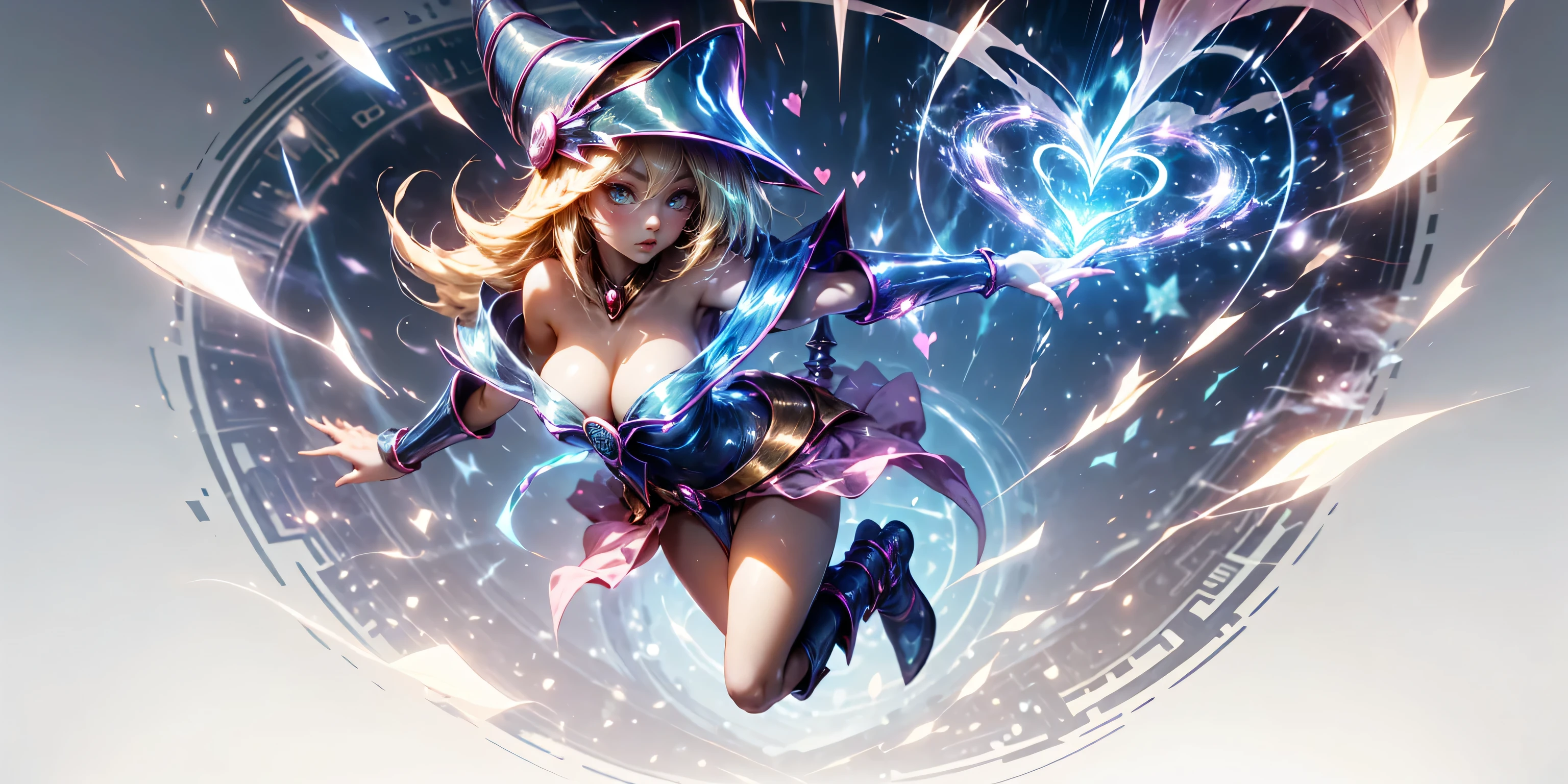 (masterpiece:1.2), (The best quality:1.2), perfect lighting, Dark Magician Girl casting a spell, floating in the air, big tits, neckline, magic background. Transparent hearts in the air, blue robe, big hat, from above, Sparkles, Yugioh Card in the background very close to the screen