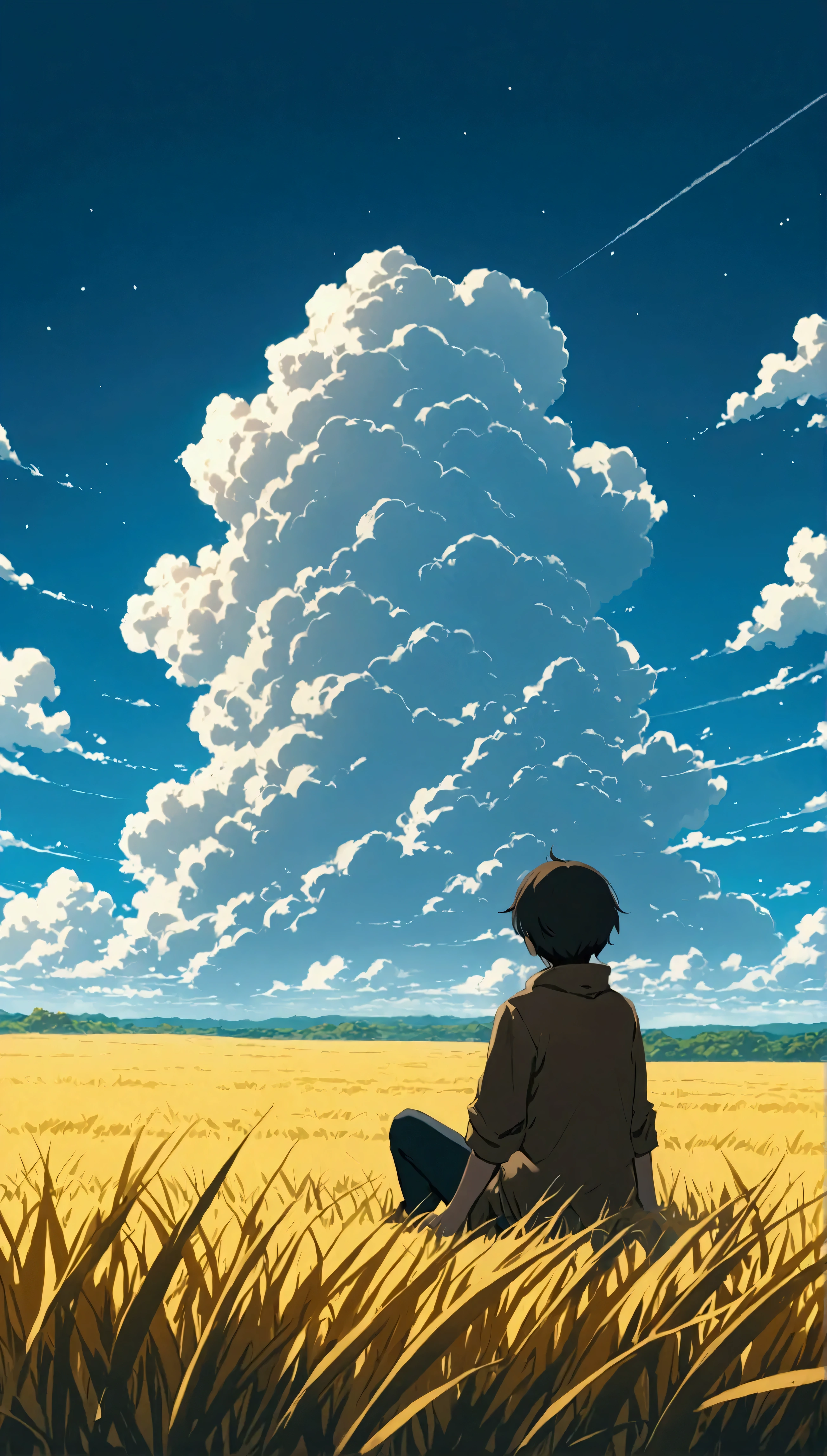 cloudy，Textured clouds estilo anime Boy sitting on an autumn meadow with lots of clouds, A boy sitting on a cloudy autumn meadow looking at the vast sky , tall grass , cloudy sky, Makoto Shinkai Cyril Roland , Anime art wallpaper 4k , Anime art wallpaper 4k , Animated background, 8K anime art wallpaper, Animated background art, Animated Scenery Wallpaper , Amazing Wallpaper , HD Wallpaper , 4K Animation Wallpaper , 4K Animation Wallpaper , Aries Moros art,art： Bob Biary , Ashley Wood art AI, Greg Rutkowski