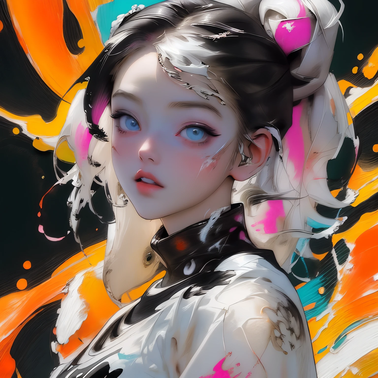 A stunning anime illustration of a 20-year-old girl with light hair, styled into a messy bun adorned with numerous multicolored splatters of paint. The girl is covered in paint. The background is a stark black, emphasizing the vibrant colors of the scene. The overall atmosphere of the image is artistic and edgy, capturing the essence of a paint-splattered anime protagonist., anime