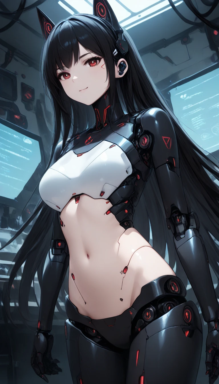 masterpiece,  top quality,  extremely detailed , (8k, 4K,  top quality,  High resolution ,  super high resolution with two hands:1.1), , 8K portrait , Japaese android  Girl,thud ,  dark black leg cover ,guide,Control Panel,android , droid ,mechanical hand,  robot arms and legs ,  black robot parts , long black hair ,Machine body ,bang, perfect mechanical abdomen , white robotics parts , perfect robot woman ,future laboratory, cyberpunk, charging spot ,laboratory,Long tube , The removable cover is in the groin {x} A thick cable is attached to the neck, white ceramic body  , perfect mechanical body ,  white robot body , load antenna , mechanical ear cover ,android ,Robot Humanoid, black sponge joint , The removable cover is in the groin , connection port is in the groin , open chest panel , chest access panel , open chest panel , perfect mechanical abdomen , perfect black mechanical body ,perfect black android  body, she repaired ,Assembly factory , dark black tights , dark black leggings ,smile,cat, not human skin ,visor