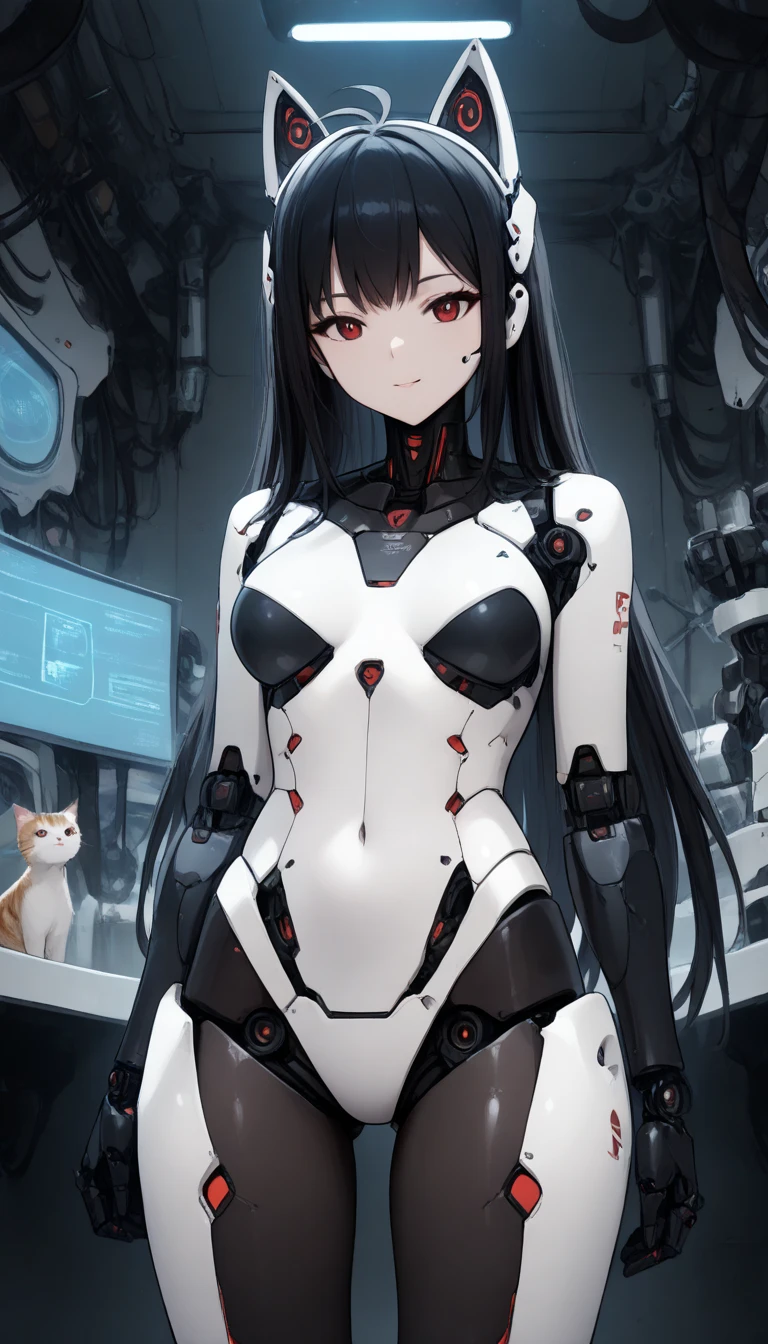 masterpiece,  top quality,  extremely detailed , (8k, 4K,  top quality,  High resolution ,  super high resolution with two hands:1.1), , 8K portrait , Japaese android  Girl,thud ,  dark black leg cover ,guide,Control Panel,android , droid ,mechanical hand,  robot arms and legs ,  black robot parts , long black hair ,Machine body ,bang, perfect mechanical abdomen , white robotics parts , perfect robot woman ,future laboratory, cyberpunk, charging spot ,laboratory,Long tube , The removable cover is in the groin {x} A thick cable is attached to the neck, white ceramic body  , perfect mechanical body ,  white robot body , load antenna , mechanical ear cover ,android ,Robot Humanoid, black sponge joint , The removable cover is in the groin , connection port is in the groin , open chest panel , chest access panel , open chest panel , perfect mechanical abdomen , perfect black mechanical body ,perfect black android  body, she repaired ,Assembly factory , dark black tights , dark black leggings ,smile,cat, not human skin ,visor