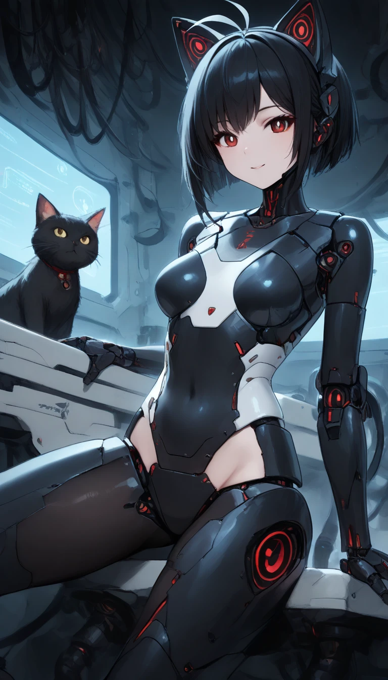 masterpiece,  top quality,  extremely detailed , (8k, 4K,  top quality,  High resolution ,  super high resolution with two hands:1.1), , 8K portrait , Japaese android  Girl,thud ,  dark black leg cover ,guide,Control Panel,android , droid ,mechanical hand,  robot arms and legs ,  black robot parts , long black hair ,Machine body ,bang, perfect mechanical abdomen , white robotics parts , perfect robot woman ,future laboratory, cyberpunk, charging spot ,laboratory,Long tube , The removable cover is in the groin {x} A thick cable is attached to the neck, white ceramic body  , perfect mechanical body ,  white robot body , load antenna , mechanical ear cover ,android ,Robot Humanoid, black sponge joint , The removable cover is in the groin , connection port is in the groin , open chest panel , chest access panel , open chest panel , perfect mechanical abdomen , perfect black mechanical body ,perfect black android  body, she repaired ,Assembly factory , dark black tights , dark black leggings ,smile,cat, not human skin ,visor