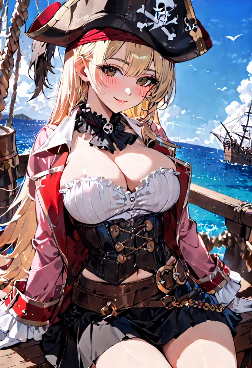 masterpiece, best quality, solo, 1girl, round breasts, cute girl, blushing, long blonde hair, long eyelashes, brown eyes, soft pink lips, pirate costume, pirate hat, skirt, gloves, jacket, shirt, eyepatch, blue sky, sea, ocean, pirate ship, treasure, sitting, cowboy shot, 
