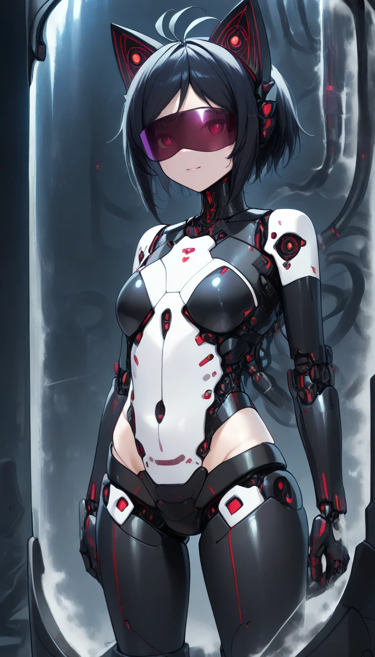 masterpiece,  top quality,  extremely detailed , (8k, 4K,  top quality,  High resolution ,  super high resolution with two hands:1.1), , 8K portrait , Japaese android  Girl,thud ,  dark black leg cover ,guide,Control Panel,android , droid ,mechanical hand,  robot arms and legs ,  black robot parts , long black hair ,Machine body ,bang, perfect mechanical abdomen , white robotics parts , perfect robot woman ,future laboratory, cyberpunk, charging spot ,laboratory,Long tube , The removable cover is in the groin {x} A thick cable is attached to the neck, white ceramic body  , perfect mechanical body ,  white robot body , load antenna , mechanical ear cover ,android ,Robot Humanoid, black sponge joint , The removable cover is in the groin , connection port is in the groin , open chest panel , chest access panel , open chest panel , perfect mechanical abdomen , perfect black mechanical body ,perfect black android  body, she repaired ,Assembly factory , dark black tights , dark black leggings ,smile,cat, not human skin ,visor