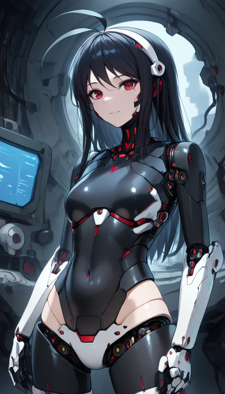 masterpiece,  top quality,  extremely detailed , (8k, 4K,  top quality,  High resolution ,  super high resolution with two hands:1.1), , 8K portrait , Japaese android  Girl,thud ,  dark black leg cover ,guide,Control Panel,android , droid ,mechanical hand,  robot arms and legs ,  black robot parts , long black hair ,Machine body ,bang, perfect mechanical abdomen , white robotics parts , perfect robot woman ,future laboratory, cyberpunk, charging spot ,laboratory,Long tube , The removable cover is in the groin {x} A thick cable is attached to the neck, white ceramic body  , perfect mechanical body ,  white robot body , load antenna , mechanical ear cover ,android ,Robot Humanoid, black sponge joint , The removable cover is in the groin , connection port is in the groin , open chest panel , chest access panel , open chest panel , perfect mechanical abdomen , perfect black mechanical body ,perfect black android  body, she repaired ,Assembly factory , dark black tights , dark black leggings ,smile,cat, not human skin ,visor