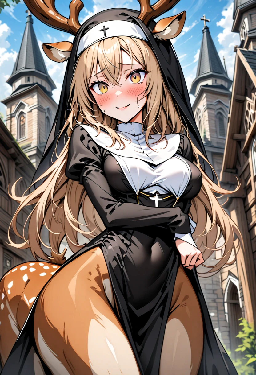 solo, female, close up, cowboy shot, nun, deer centaur, tall, nun habit, deer antlers, light brown hair, long hair, light brown eyes, curvy, slim, pious, wooden town church, outdoors, medium breasts, blush, shy, smile, pose, Juliet sleeves, long sleeves, slightly scared, white tail fluff, deer ears, slender deer body, deer tail, slender deer legs, 