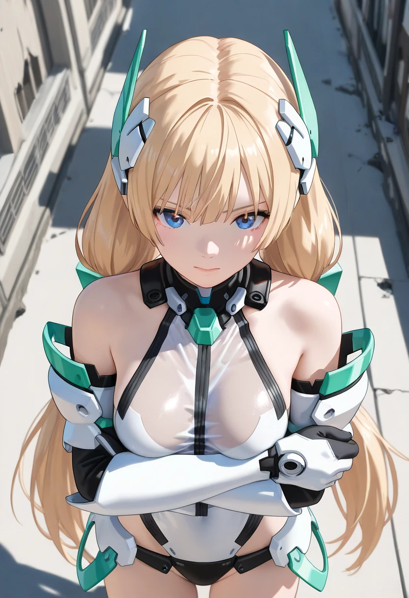 ( Super Realistic Pictures , RAW photos  , realism , 3d rendering ,Unity Engine), BRAEK (Angela_Balzac,  One girl ,  long hair, Alone, very  long hair,  blue eyes,  leotards, Blonde,  twin tails,  gloves, elbow  gloves,  headgear , low  twin tails, Bare shoulders, medium breasts:1.4, bangs, Saito_Masatsugu Art Style), break (from above, looking at viewer, breasts focus,(close-up:1.4)),( Ruined Town、Destroyed Townscapes),break (see-through shirt:1.2),(crossed arms)