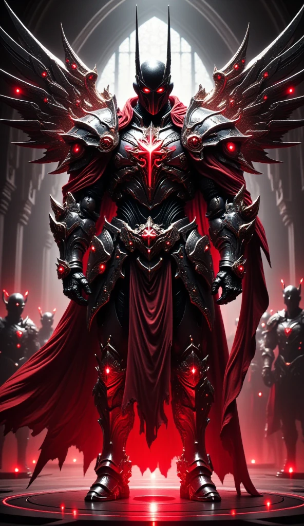 Full Body Mechanized Image of an Adult Male Holy Knight Commander Attached by Demons。His muscular robotic body ，Wearing sacred black and red holy knight armor ， has dark red glowing eyes and red-black mechanical wings。 He boldly stands inside a mysterious black and red mechanical church ， surrounded by countless cavalry soldier followers 。 composition underlines his majestic presence ， Eye-catching lights and dramatic shadows accentuate his armor and the church's strange atmosphere。The dark red light in his eyes symbolizes and falls 。 This setting is a cyberpunk-inspired futurist mechanism ，Without a cape 。 Bold composition captures the grandiose and sinister energy of the scene 。