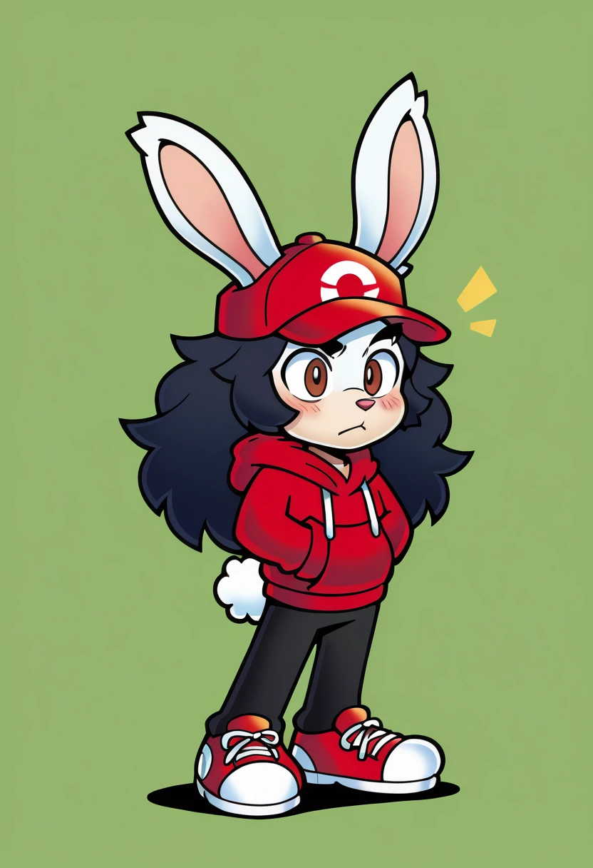 masterpiece, best quality, expressive eyes, perfect face, , furry bunny, white fur, bunny tail, bunny ears, solo, surpriced, blushed, black hair, long hair, red baseball cap, black shirt, red hoodie, black sports pants, red sport shoes, brown eyes, full body, in a magic forest, male bunny, standing up