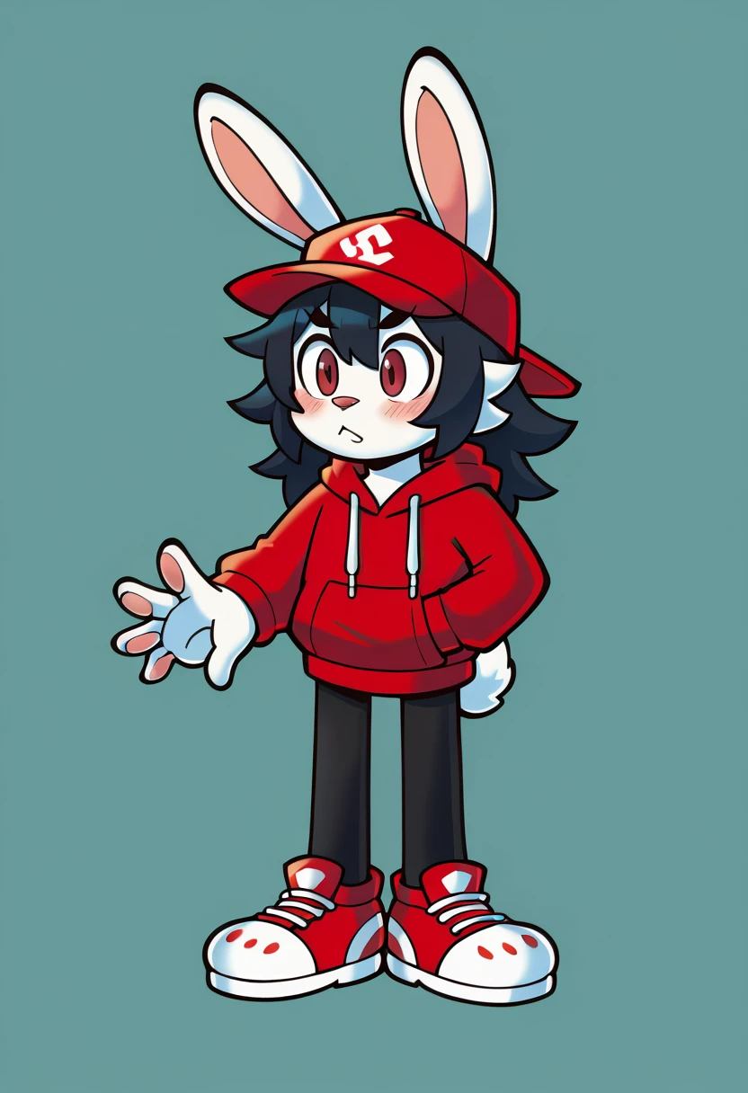 masterpiece, best quality, expressive eyes, perfect face, , furry bunny, white fur, bunny tail, bunny ears, solo, surpriced, blushed, black hair, long hair, red baseball cap, black shirt, red hoodie, black sports pants, red sport shoes, brown eyes, full body, in a magic forest, male bunny, standing up