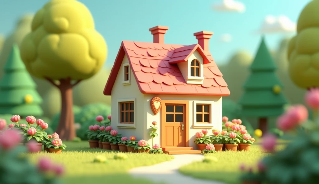 Picture of a simple house with plants and flowers on its lawn.  The style is 3D animation with a soft and friendly pastel color palette 