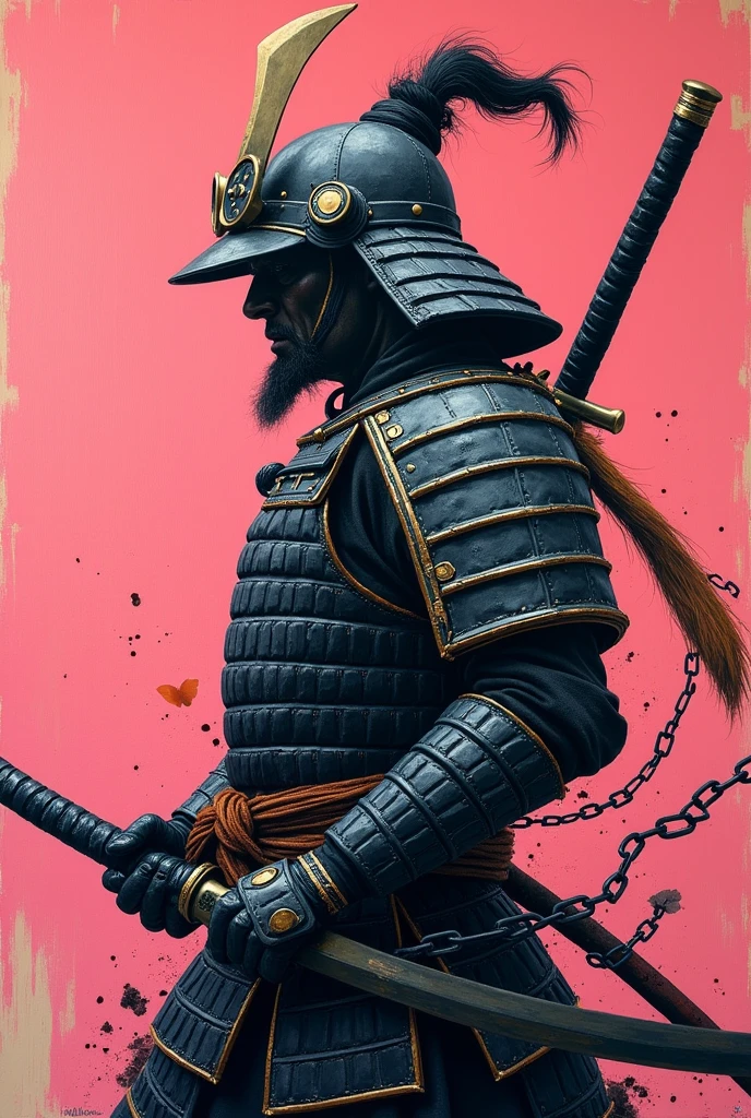 painting of a samurai with a sword in a pink background, samurai warrior, japanese warrior, samurai style, feudal japan art, japanese samurai, epic samurai warrrior, ancient japanese samurai, samurai, samurai vinyl wrap, samurai portrait, cyborg samurai, traditional japanese painting, traditional japanese art, the samurai is wrapped in chains, japanese art style, as samurai