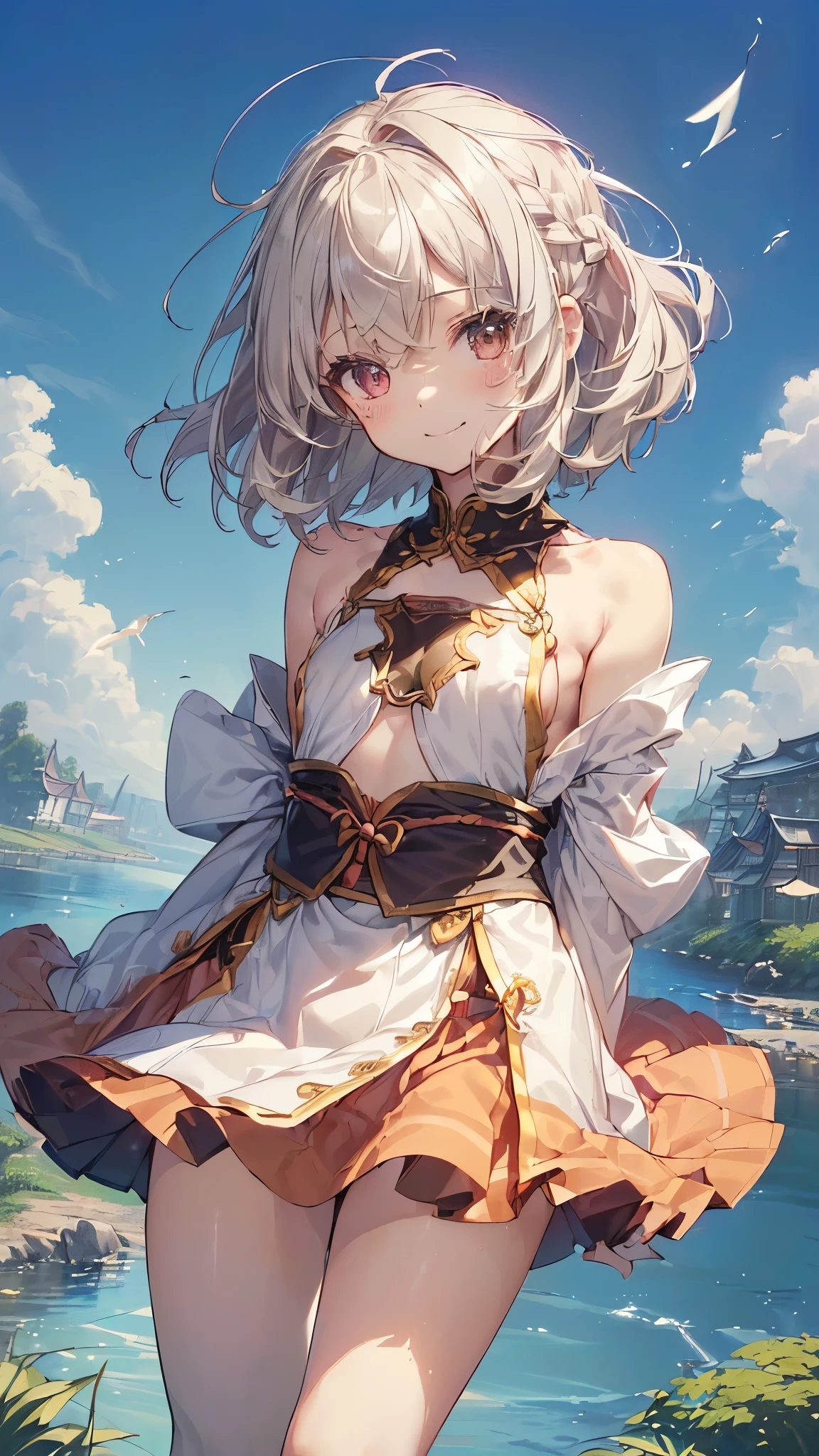 ((( top quality 、 Details、Accurate Fingers、 accurately depicted body 、COMPLETE ANATOMY))),5歳の girl、((( One Japanese person、Petiteな girl、ren、Young、 flat chest、brownish white hair、 hair that reaches the shoulders 、Small chest、 girl、 is short、Petite、flat breast,Very small stature、Young girl、 Fantasy Outfits 、Thin costume、Outfits for smaller sizes、 emphasizes body lines、Tight Clothes 、Attached clothing 、Strong winds,spread legs,windup skirt, shy face、smile、Medieval town、river、 Hair Fluttering in the Wind )))
