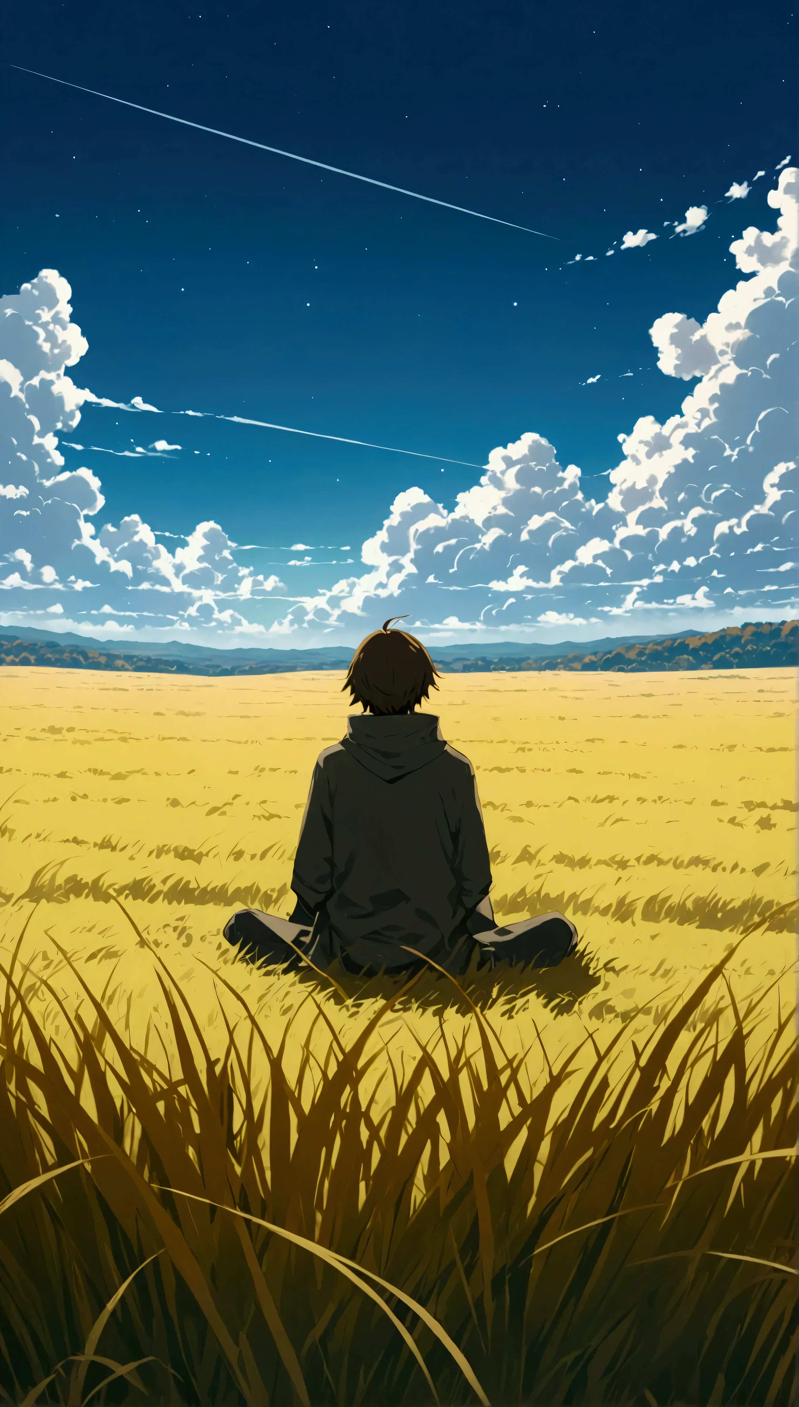 cloudy,Textured clouds estilo anime Boy sitting on an autumn meadow with lots of clouds, A boy sitting on a cloudy autumn meadow looking at the vast sky , tall grass , cloudy sky, Makoto Shinkai Cyril Roland , Anime art wallpaper 4k , Anime art wallpaper 4k , Animated background, 8K anime art wallpaper, Animated background art, Animated Scenery Wallpaper , Amazing Wallpaper , HD Wallpaper , 4K Animation Wallpaper , 4K Animation Wallpaper , Aries Moros art,art: Bob Biary , Ashley Wood art AI, Greg Rutkowski