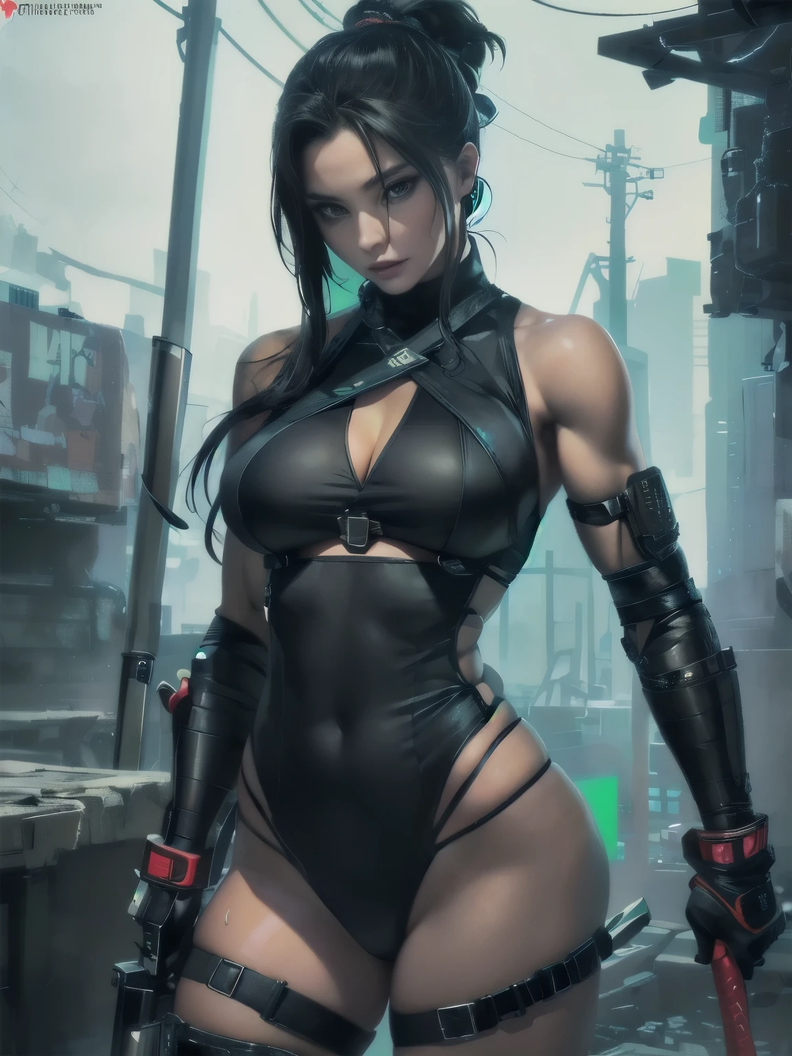 Sexy female ninja in revealing outfit,Post-apocalypse,  super detailed,  high resolution, (Sexy female ninja&#39;She is sweating、The toned body is inlaid with various mechanical parts，Wearing a black ninja suit ，Wearing super short mini shorts， all over wet ，油光闪闪的肌肉发达的大腿和Abdominal muscles）, Complex scene ,   Competitive  ,  Geg's way underage city , Full of color ,  rich details,  Strong Lines , And the desperate expression of the character，Realistic illustration portrait of female ninja ,( close up:1.1) , ( cyberpunk:1.2) ，The perfect combination of machinery and female body,  Gustavian  ，(Sexy female ninja beautiful body display， Mechanical and muscular ，enchanting，Body transformed by prosthetics，Abdominal muscles， she has perfect body proportions  ： 1.3)，(她背着Ninja sword， holds various ninja weapons in her hands，Ninja sword，，Ninja stick，Park knife，Double sword，Ninja darts：1.3)