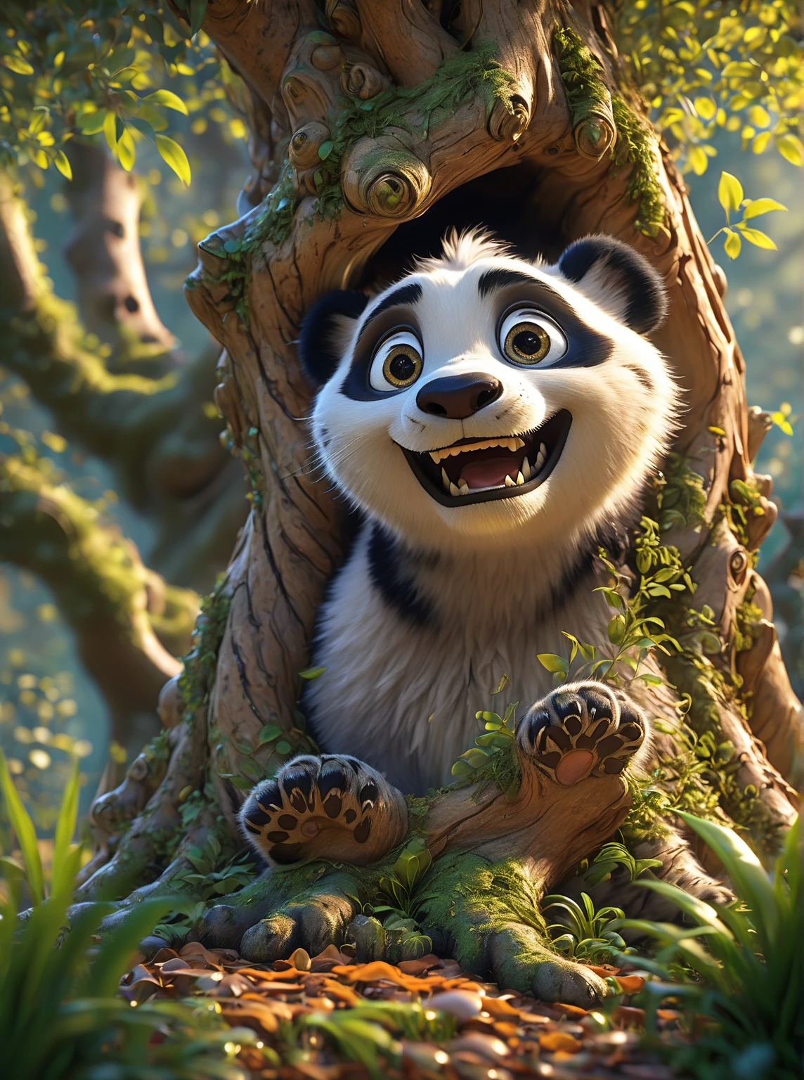  with detailed fur,  showing the distinctive black spots surrounding your eyes ,  is next to a gnarled stump .  Its expressive face is engraved with wrinkles ,  and its round ,  tender eyes are filled with warmth and affection as he looks at the younger panda.  Its fur is even more meticulously rendered ,  with individual wires shining under the sunlight that filters through the dense canopy . She looks at him,  its tiny paws gripping the rough shell of the stump ,  its eyes shining with reverence and adoration .  The scene is brought to life with detailed hyper-stylization , each fiber ,