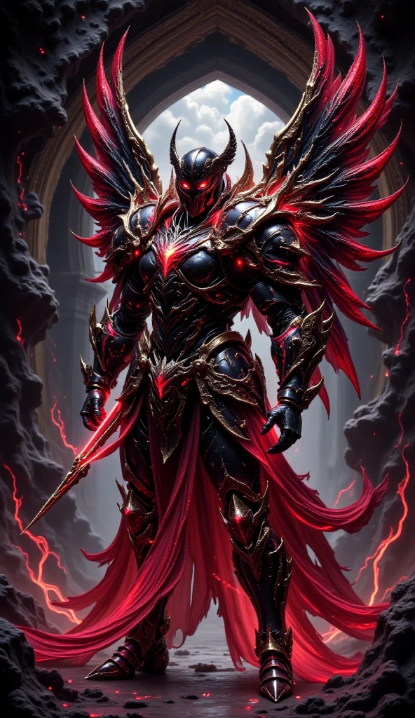 Full Body Mechanized Image of an Adult Male Holy Knight Commander Attached by Demons。His muscular robotic body ，Wearing sacred black and red holy knight armor ， has dark red glowing eyes and red-black mechanical wings。 He boldly stands inside a mysterious black and red mechanical church ， surrounded by countless cavalry soldier followers 。 composition underlines his majestic presence ， Eye-catching lights and dramatic shadows accentuate his armor and the church's strange atmosphere。The dark red light in his eyes symbolizes and falls 。 This setting is a cyberpunk-inspired futurist mechanism ，Without a cape 。 Bold composition captures the grandiose and sinister energy of the scene 。