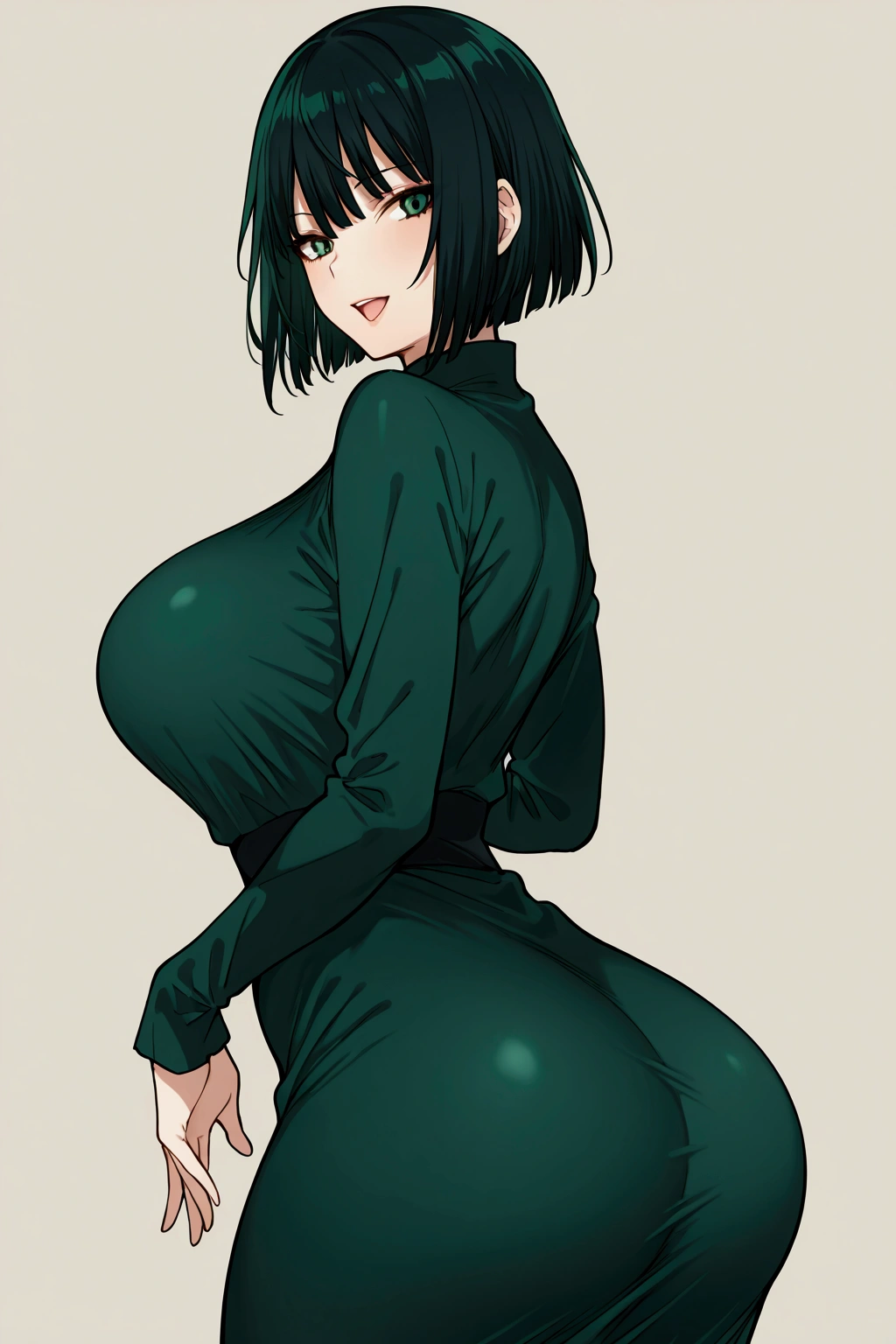 Solo, girl, Fubuki from one punch man,green eyes,Big breast deep green tight dress,Bob hair cut,black hair with deep green shadows, confidente look,perfect ass, power pose, hand rise with 2 small tornados, wind around jer,simple background ,beautiful hips, beautiful waist, anime quality, open mouth smiling, high quality, from the side, feminine, perfect