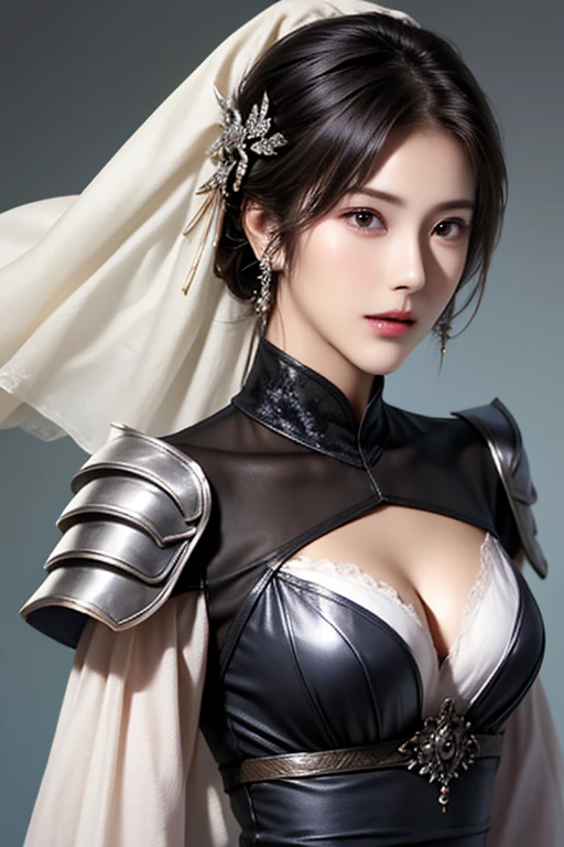 there is a woman dressed in a white and black outfit holding a sword, detailed armor with white scarf, detailed white armor, glossy white armor, ornate korean polearm behind her, wearing ornate armor, intricate white armor, dressed like a cleric, wearing diamond armor, wearing intricate fur armor, wearing shiny breastplate, modern clean white armor, ornate bikini armor
