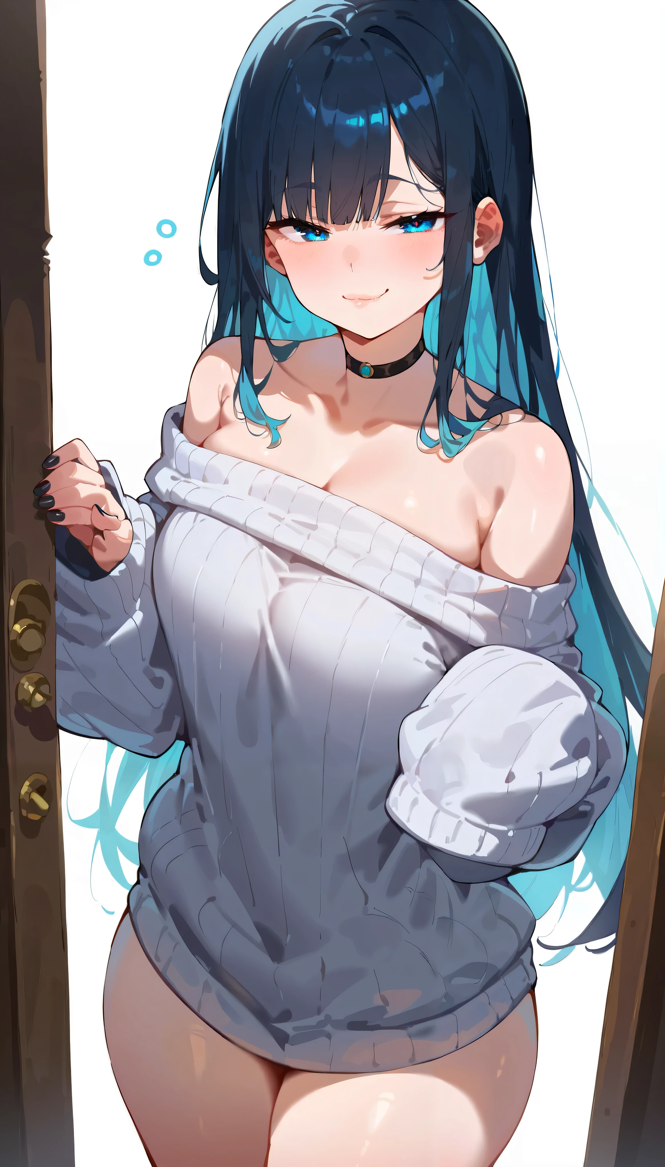 score_9_up, score_8_up, score_7_up, high quality, shaded, masterpiece, light blush, 1girl, 1girl, solo, cute, black nails, bright blue eyes, eyebrows hidden by hair, dark blue hair, inner colored hair, cyan hair, long hair, nail polish, (smug)++, :3,(white clothes)+++, large thighs, sleepy, oversized sweater, sleeves past fingers, sleeve past wrists, solo, Off the shoulder, oversized white sweater, sweater paws, sleeves past wrists, black choker, standing, smile, closed mouth