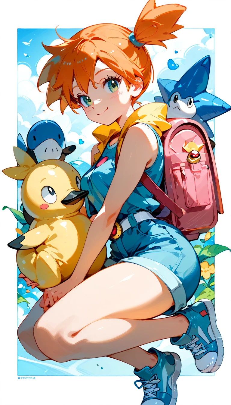 Misty_pokemon , orange hair, wearing a sleeveless shirt with a yellow hood, she also draws blue shorts with a white belt and pink buckle, blue sneakers, a very adorable Psyduck backpack , Pop background 
(insanely detailed, beautiful detailed face, masterpiece, best quality) 