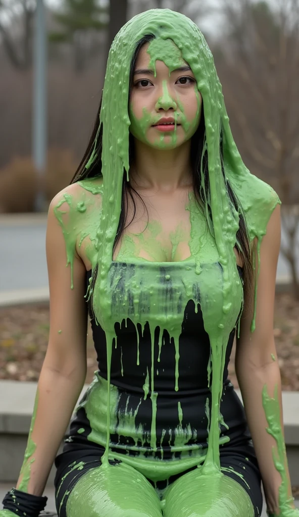 Japanese model, school uniform, cleavage, small breasts, heavy eyeliner, long eyelashes, red lipstick, photo realism, beautiful face, delicate eyes, pigtails, walking to school, posing for photo, sexy, alluring, sultry, (green slime drips down head: 1.2)