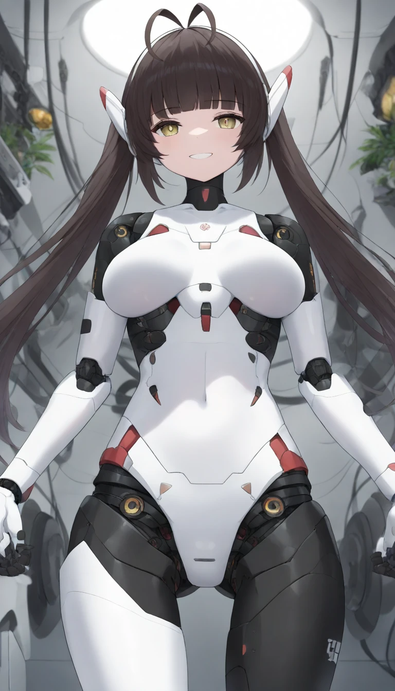 masterpiece, best quality, extremely detailed, (8K, 4K, Best Quality, hight resolution, 超A high resolution:1.1), ,8k portrait, Japaese android Girl,Plump , dark black leg cover,announcer,control panels,android,Droid,Mechanical Hand, Robot arms and legs, Black Robot Parts,Black long hair,Mechanical body,Blunt bangs,perfect mechanical abdomen,White robotics parts,perfect robot woman,future laboratory,cyber pank,charging spot,laboratory,long tube,thick cable connected her neck,white ceramic body ,perfect mechanical body, white robot body,lod antenna,mechanical ear cover,android,robot humanoid,black sponge joints,The removable cover is in the groin,The connection port is in the groin,opened chest panel,access panel on the chest,opened breast panel,perfect mechanical breast,perfect black machine body,perfect black android body,She has repaired,assembly plant,dark black tights,dark black leggings,smile,pussy,no human skin,visor