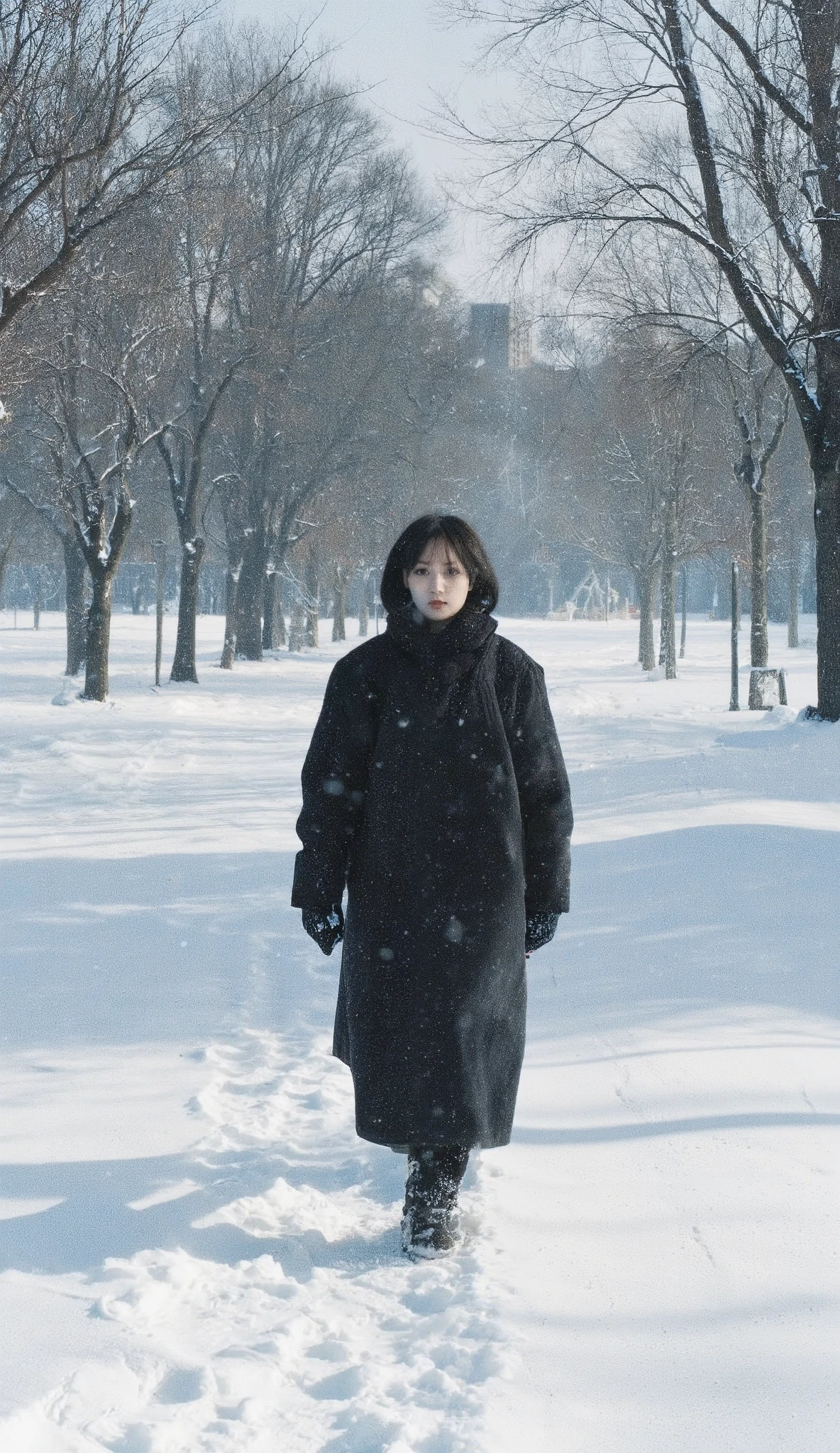 Dark-haired shorthair woman walking in a winter park