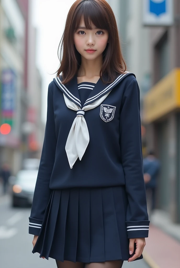  beautiful Japanese woman,  supermodel , COMPLETE ANATOMY :1.331,  have small heads :1.331, Brown Hair,  straight hair,  Famous Tokyo Metropolitan High School Sailor Uniform :1.21 navy blue winter sailor suit,  pantyhose, 