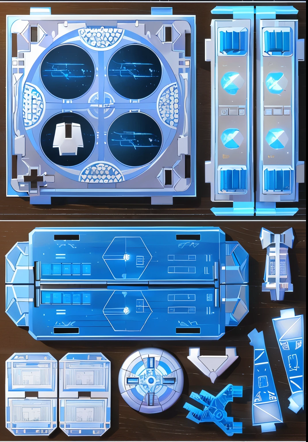 Drawing of a paper model of a space station, Fusion Mecha Parts, Cybernetic components, Sci-fi motifs, glowforge template,  highly detailed panel cut , Detailed technical drawings, Components, blueprint of a spaceship, blueprint of a spaceship, game Balance Sheet,  Detailed spaceship interior , Balance Sheet, template, 3D Modeling Concept Sheet , Blueprint Diagram