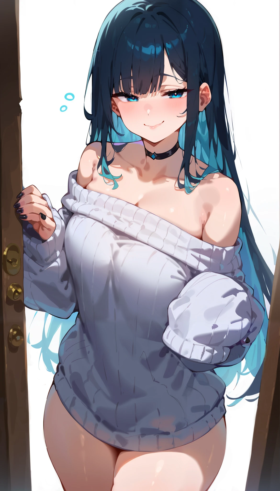 score_9_up, score_8_up, score_7_up, high quality, shaded, masterpiece, light blush, 1girl, 1girl, solo, cute, black nails, bright blue eyes, eyebrows hidden by hair, dark blue hair, inner orcolored hair, cyan hair, long hair, nail polish, (smug)++, :3,(white clothes)+++, large thighs, sleepy, oversized sweater, sleeves past fingers, sleeve past wrists, solo, Off the shoulder, oversized white sweater, sweater paws, sleeves past wrists, black choker, standing, smile, closed mouth