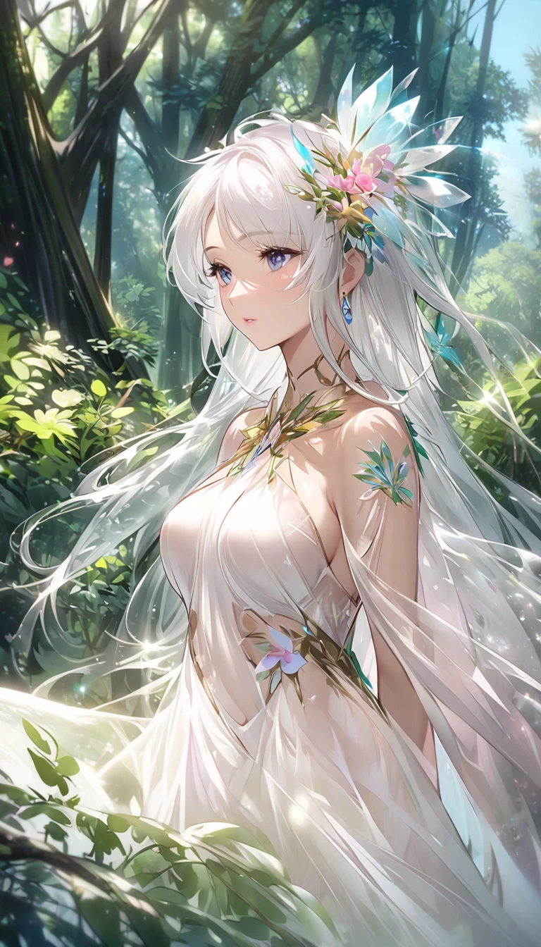 "Create a digital anime style illustration of a beautiful forest goddess。, Flowing white hair. She should wear a detailed all-over white dress decorated with leaf and floral patterns., Perfect for a fantasy theme. A glamorous woman with a clear look.The dress design does not reveal any skin.,  Use additional fabric or natural elements such as leaves and vines to cover. Characters should have an elegant and mature appearance, Look Around 2, With cool eyes and a calm expression, just increase the wide angle a little.. The background is rich, A mysterious forest woven with soft light and shining plants, Enhance the mystical atmosphere."