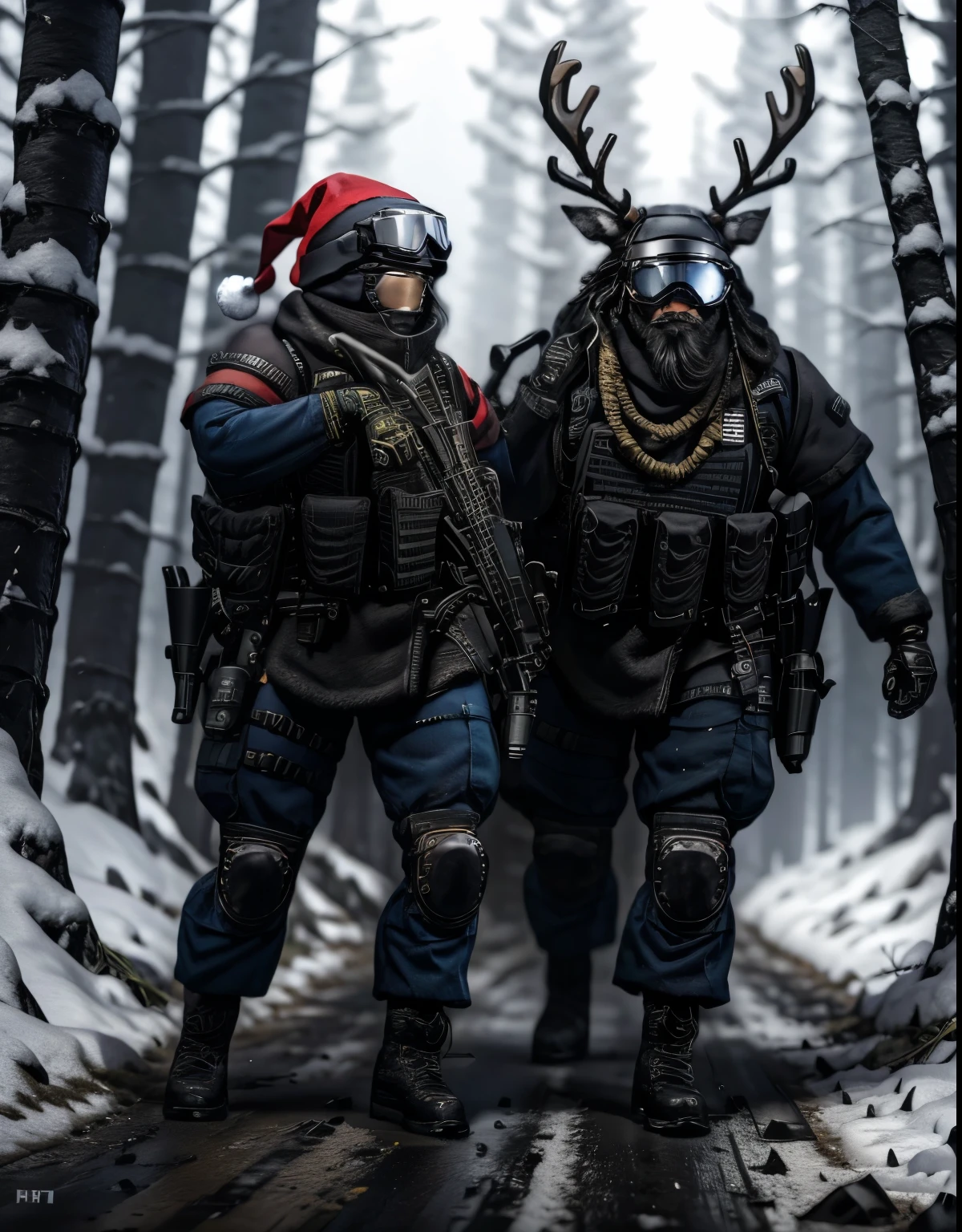 a strong powerful humanoid reindeer, (big strong and powerful), 6 feet tall, weighing 300 pounds, black and white santa hat, ( woolly dreadlocks hair pull3e back), nightvision goggles on helmet, standing on a snowy road, oak trees and snowy ground, angry, half reindeer, large antlers, hooded puffer jacket, mercenary outfit, tactical gear, very strong, bulging muscles, masculine, (santa hat) alot of (tactical gear), mechanical parts, robotic machine parts, fuming angry, facing the viewer, facing the camera, looking at the viewer, 3/4 view stance, dreadlocks hair, rifle in hand, ballistic vest, fire blazing from rifle, ready to fight, android hybrid, cyborg, mechanical parts, mechanical panels on body, tubes attached to limbs, muscular, glowing high tech watch on wrist, detailed texture, ice all around, photorealistic, highly detailed, 8k, masterpiece, (best quality,4k,8k,highres,masterpiece:1.2),ultra-detailed,(realistic,photorealistic,photo-realistic:1.37),HDR,UHD,studio lighting,ultra-fine painting,sharp focus,physically-based rendering,extreme detail description,professional,vivid colors,bokeh,nature,wildlife,surreal,whimsical