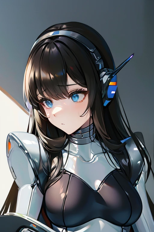 (masterpiece),(Highest quality),(Super detailed),(Best illustrations),(Best Shadow),(Absurd),(Detailed Background),(so beautiful), 16K, 8K, 4K,(Best Shadow),robotization,woman ,big bust,Robot Joint ,Metal skin,Black robot Suit,long hair,a black robot suit that covers the whole body,robot hand,cyber bodysuit,mecha head,(Detailed hands and fingers:1.2),Ball joint robot body,doll joint,beautiful face,beautiful robot girl,robotic eye,robotic hands,(no more human skin),android girl,cyborg girl,F cup, sexy body,(machine made joints:1.2),(machanical limbs:1.1),(blood vessels connected to tubes),(mechanical vertebra attaching to back),(mechanical cervial attaching to neck),no messy picture style,no emotion