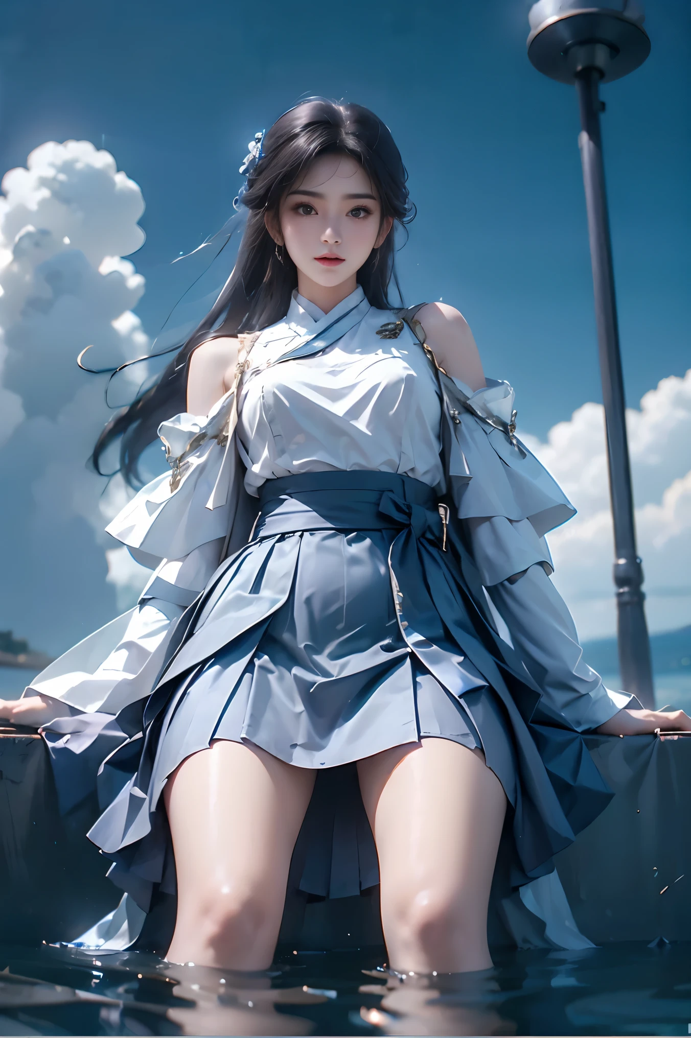 ((whole body:1.4)), ((From below:1.2)), ( actual :1.4), ung woman, ( full , You can see , ultra-short skirt , Show smooth thighs , Correct legs ), Beautiful Asian woman , Sitting, Looking at the camera or slightly towards the camera , Maintain a natural expression , Highlight your long , Slim Legs , shot from a low angle , Clear blue sky,Floating white clouds , Background is the open sea , Marine environment , Reflect the sparkling surface of the 水 , movie film , Professional Photography, clearly focused, Prime time lighting , soft shadows , in the shower , Surrealism , 85mm lens, f2.8, Perfect composition, super detailed