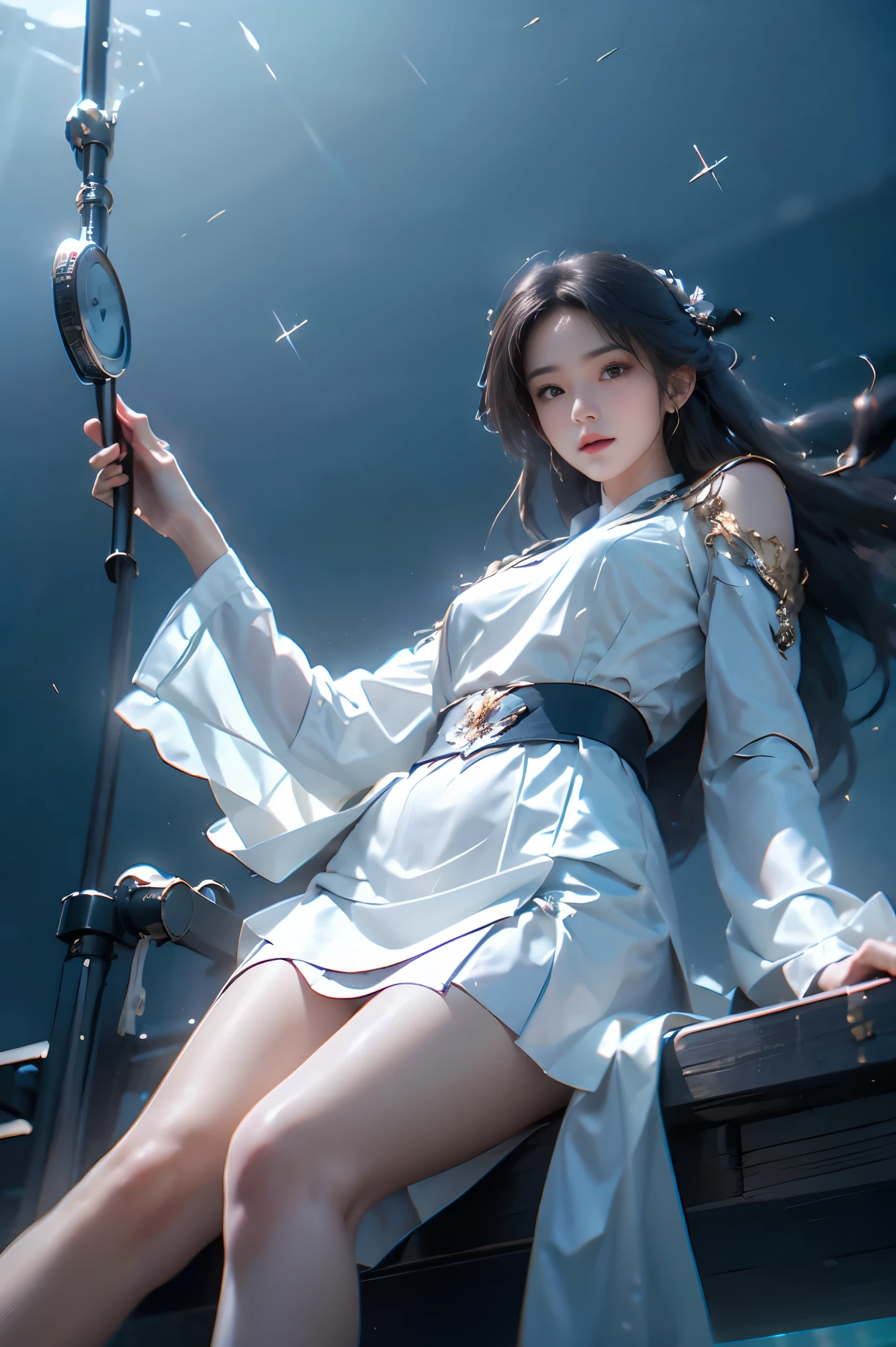 ((whole body:1.4)), ((From below:1.2)), ( actual :1.4), ung woman, ( full , You can see , ultra-short skirt , Show smooth thighs , Correct legs ), Beautiful Asian woman , Sitting, Looking at the camera or slightly towards the camera , Maintain a natural expression , Highlight your long , Slim Legs , shot from a low angle , Clear blue sky,Floating white clouds , Background is the open sea , Marine environment , Reflect the sparkling surface of the 水 , movie film , Professional Photography, clearly focused, Prime time lighting , soft shadows , in the shower , Surrealism , 85mm lens, f2.8, Perfect composition, super detailed