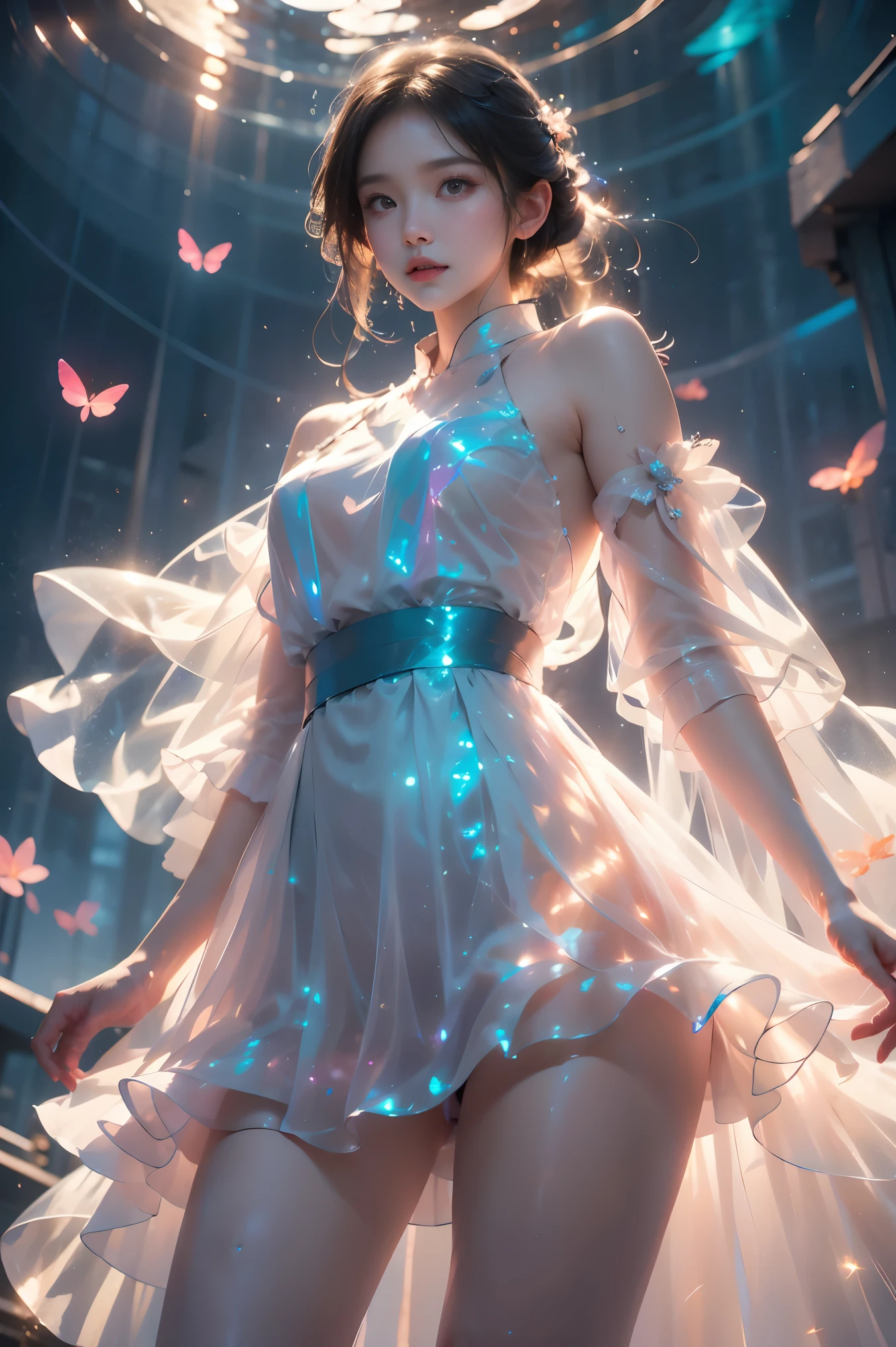bioluminescent dress
butterfly dress ((whole body:1.4)), ((From below:1.2)), ( actual :1.4), ung woman, ( full , You can see , ultra-short skirt ,    Show smooth thighs   ,    Correct legs    ),   Beautiful Asian woman  , Sitting,    Looking at the camera or slightly towards the camera ,   Maintain a natural expression   ,    Highlight your long  , Slim Legs  ,     shot from a low angle    ,  Clear blue sky，Floating white clouds ,    Background is the open sea   ,  Marine environment ,   Reflect the sparkling surface of the 水 ,  movie film , Professional Photography,   clearly focused,  Prime time lighting  ,   soft shadows  ,   in the shower  ,   Surrealism  , 85mm lens, f2.8, Perfect composition,    super detailed 
