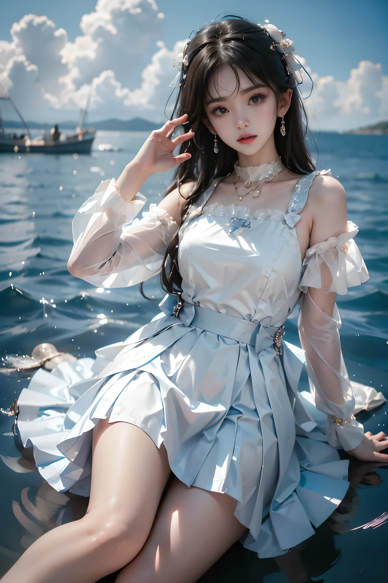 wlyg (Thank You),wathet dress ((whole body:1.4)), ((From below:1.2)), ( actual :1.4), 1 young woman, ( full , You can see , ultra-short skirt ,    Show smooth thighs   ,    Correct legs    ),   Beautiful Asian woman  , Sitting,    Looking at the camera or slightly towards the camera ,   Maintain a natural expression   ,    Highlight your long  , Slim Legs  ,     shot from a low angle    ,  Clear blue sky，Floating white clouds ,    Background is the open sea   ,  Marine environment ,   Reflect the sparkling surface of the 水 ,  movie film , Professional Photography,   clearly focused,  Prime time lighting  ,   soft shadows  ,   in the shower  ,   Surrealism  , 85mm lens, f2.8, Perfect composition,    super detailed 