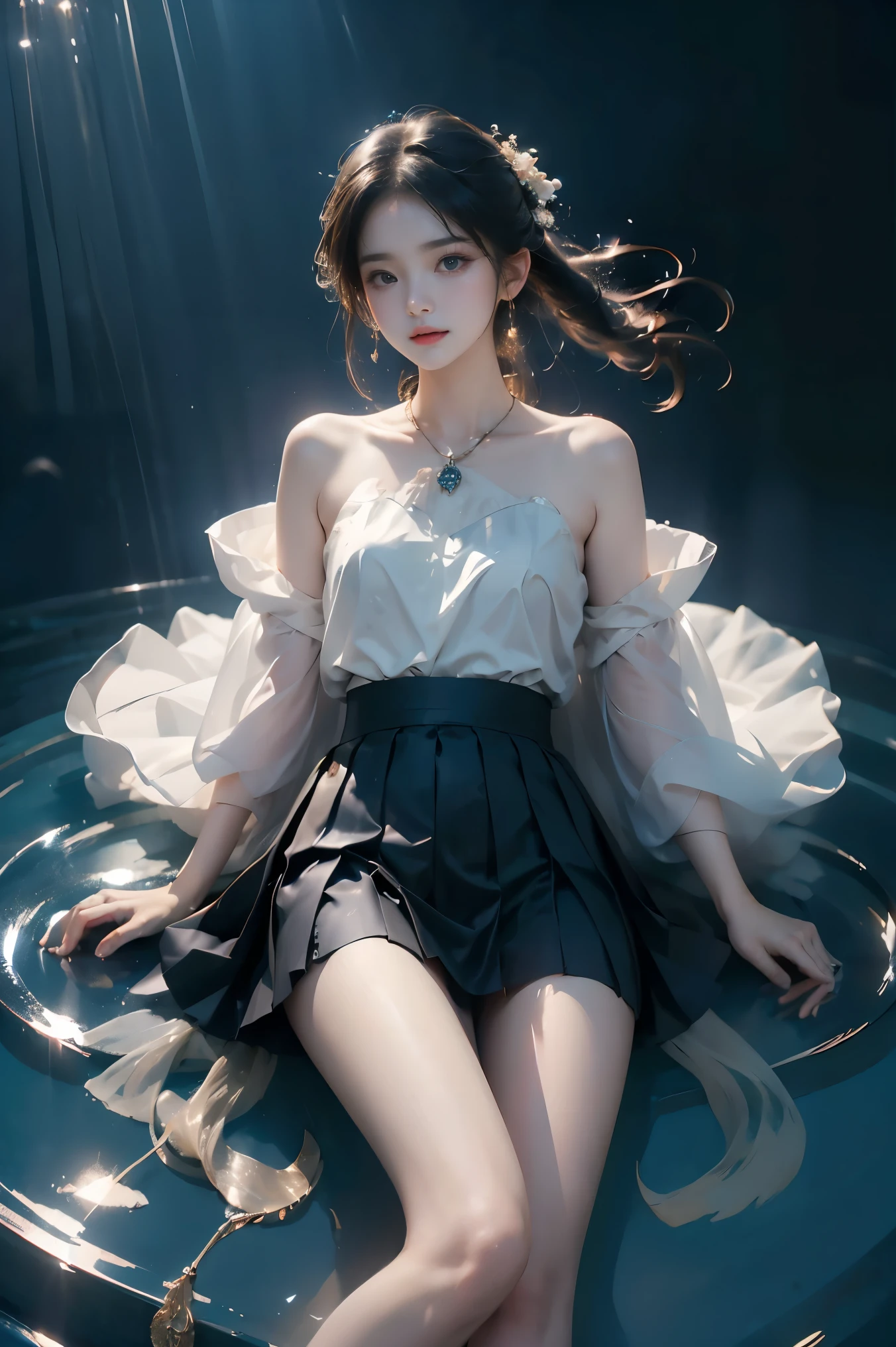 fodress ((whole body:1.4)), ((From below:1.2)), ( actual :1.4), 1 young woman, ( full , You can see , ultra-short skirt ,    Show smooth thighs   ,    Correct legs    ),   Beautiful Asian woman  , Sitting,    Looking at the camera or slightly towards the camera ,   Maintain a natural expression   ,    Highlight your long  , Slim Legs  ,     shot from a low angle    ,  Clear blue sky，Floating white clouds ,    Background is the open sea   ,  Marine environment ,   Reflect the sparkling surface of the 水 ,  movie film , Professional Photography,   clearly focused,  Prime time lighting  ,   soft shadows  ,   in the shower  ,   Surrealism  , 85mm lens, f2.8, Perfect composition,    super detailed 