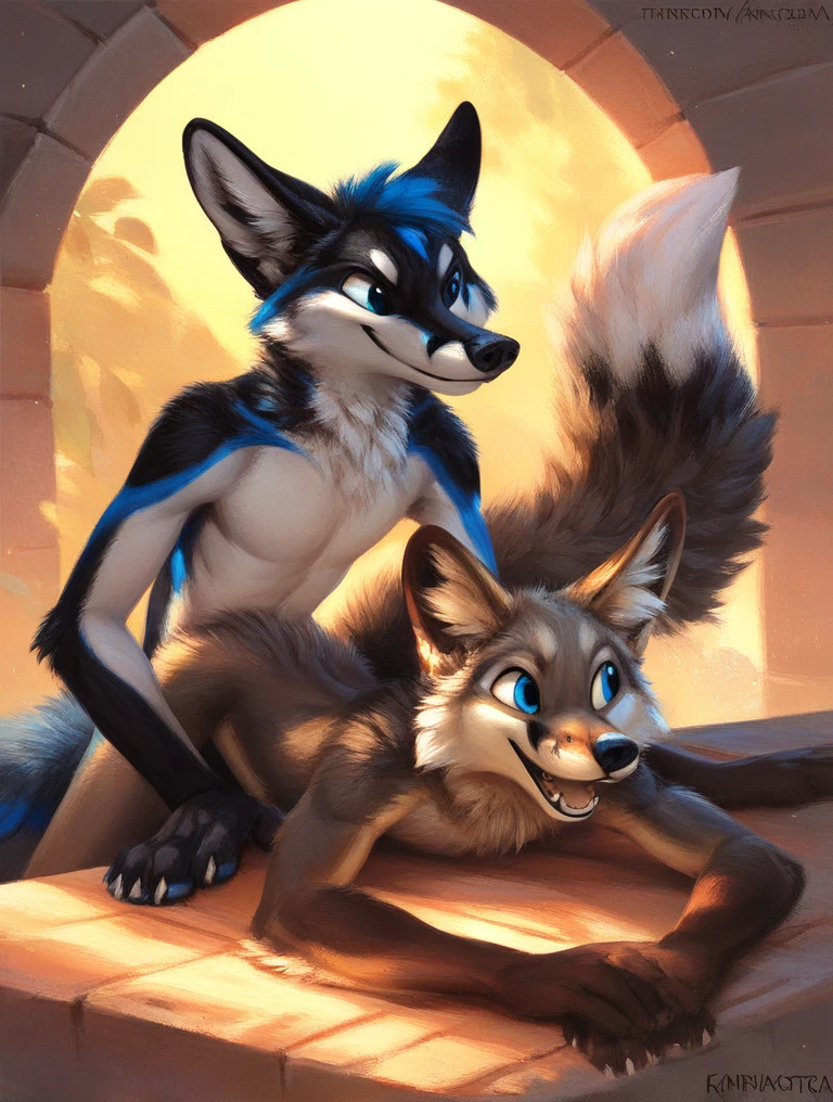 score_9, score_8_up, score_7_up, source_furry, rating_safe, by kenket, anthro, duo, male/male, wolf, black body, blue eyes, fox, white body, doggy style, on belly, holding hips, legs, determination, amusement, fullbody portrait, strong, meaty
