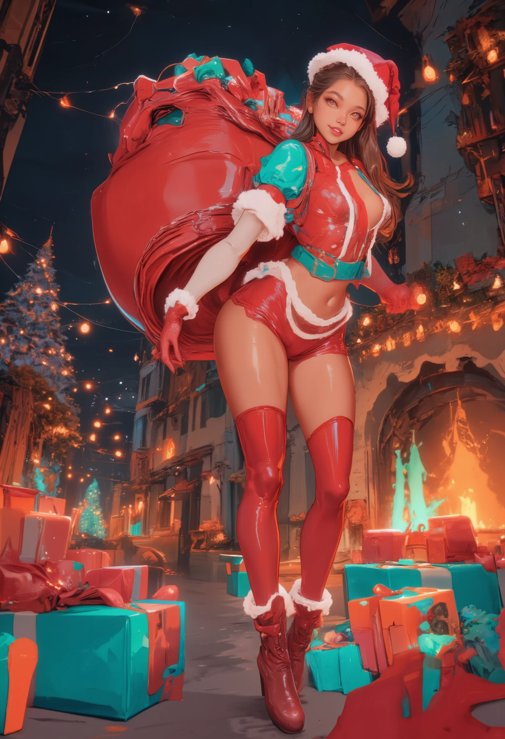 ((Masterpiece, top quality, high resolution, highly detailed CG unified 8K wallpaper)), (huge stunning goddess shot, very hot and sexy, jaw-dropping beauty, perfect proportions, beautiful body, slim body beauty:1.3), A joyful redSanta woman, dressed in a festive red and white Santa suit, Santa's long boots, with a radiant smile. She is surrounded by an array of beautifully wrapped gifts in vibrant colors, holding a large sack brimming with presents. The background is filled with holiday cheer, including twinkling fairy lights, a decorated Christmas tree, and a cozy fireplace, creating a warm and magical atmosphere.