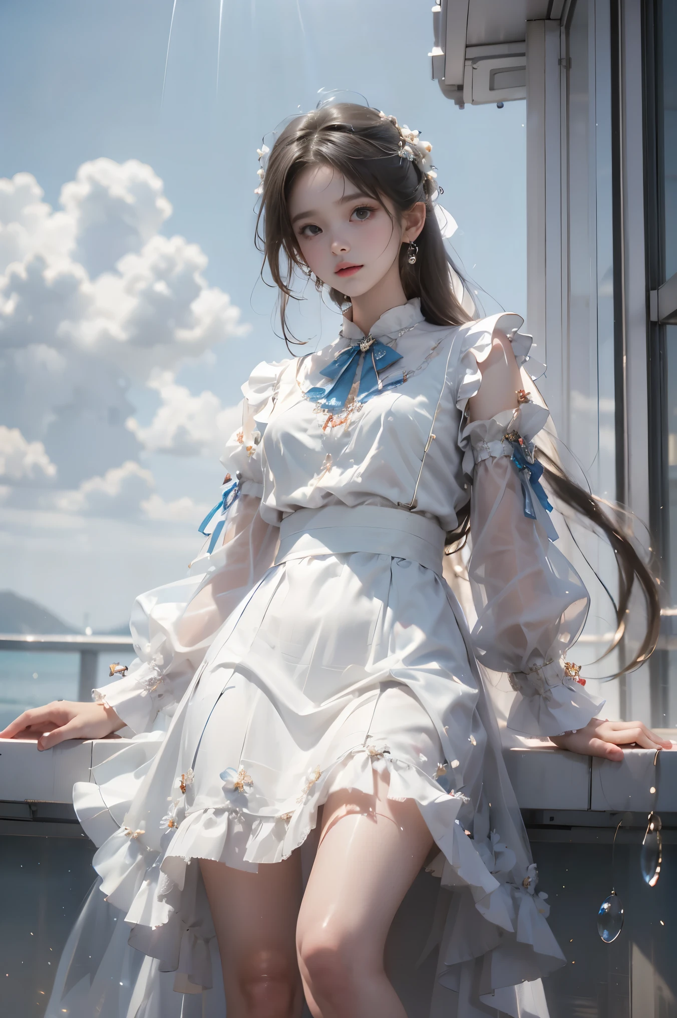 dress, bouffont dress, transparent long sleeves, Daisies, cherry, ((whole body:1.4)), ((From below:1.2)), ( actual :1.4), ung woman, ( full , You can see , ultra-short skirt ,    Show smooth thighs   ,    Correct legs    ),   Beautiful Asian woman  , Sitting,    Looking at the camera or slightly towards the camera ,   Maintain a natural expression   ,    Highlight your long  , Slim Legs  ,     shot from a low angle    ,  Clear blue sky，Floating white clouds ,    Background is the open sea   ,  Marine environment ,   Reflect the sparkling surface of the 水 ,  movie film , Professional Photography,   clearly focused,  Prime time lighting  ,   soft shadows  ,   in the shower  ,   Surrealism  , 85mm lens, f2.8, Perfect composition,    super detailed 
